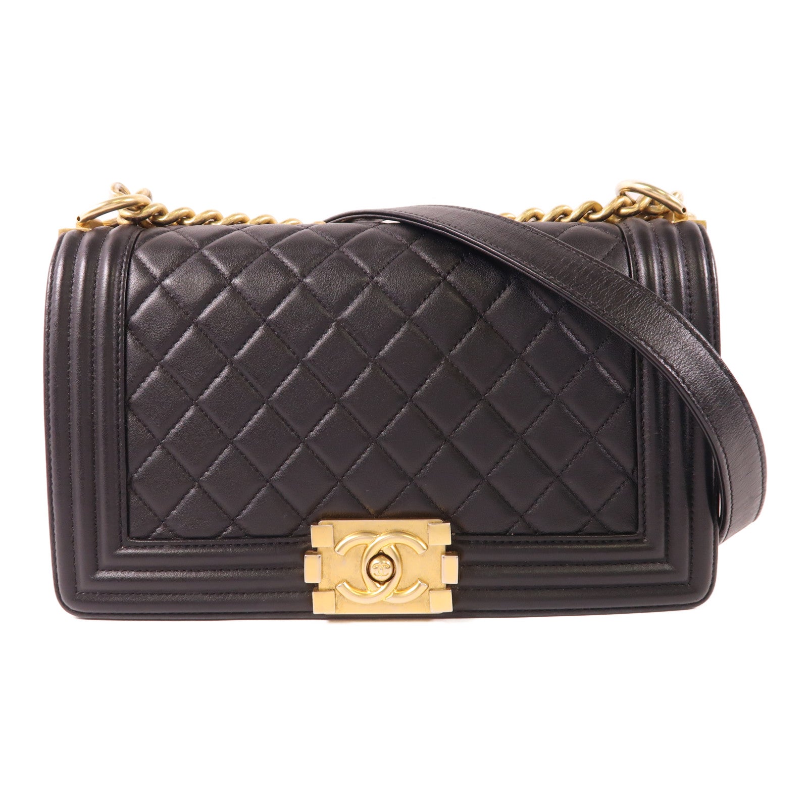 CHANEL 羊皮皮革Boy 25金扣鏈帶肩背袋