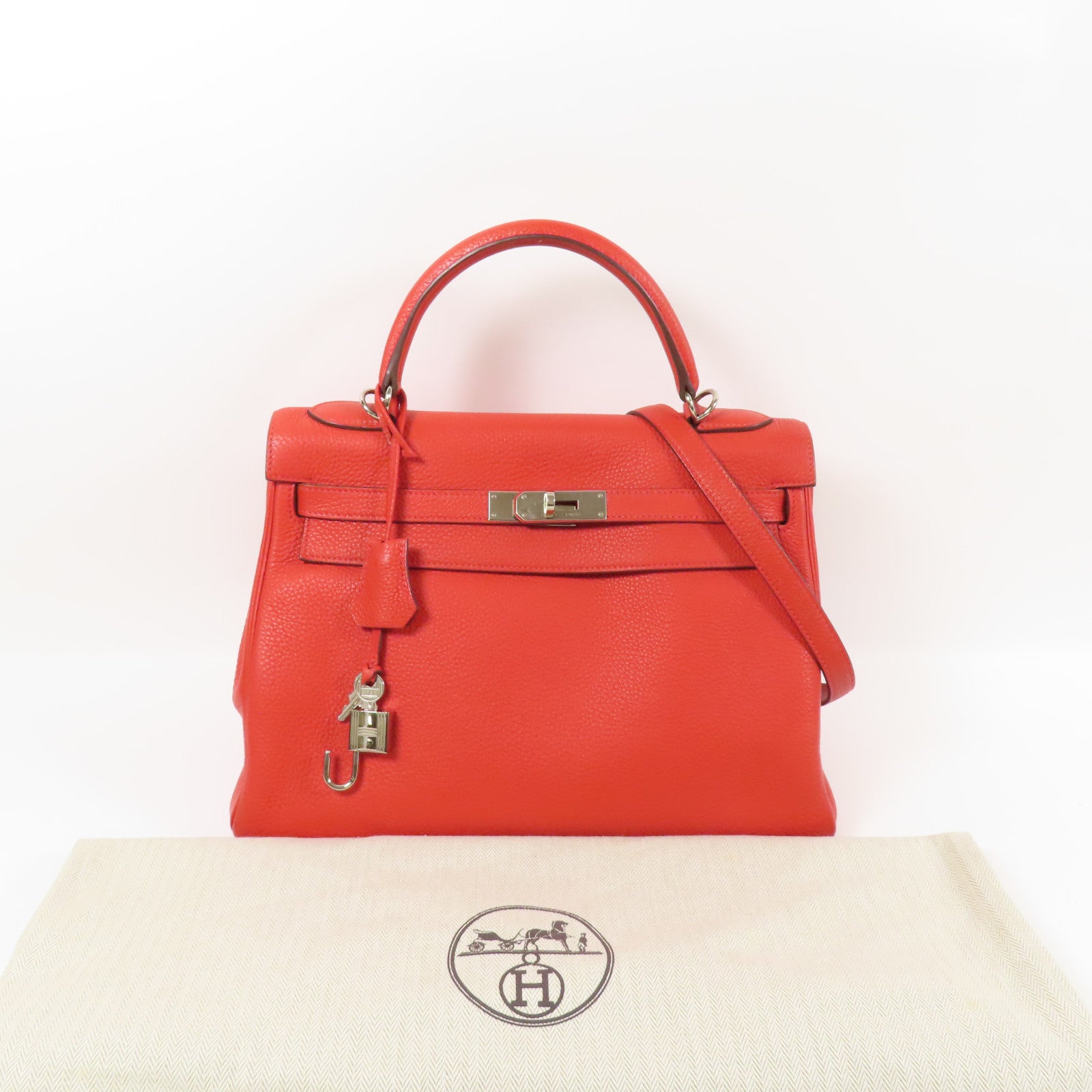 HERMES Clemence皮革Kelly 32銀扣手挽肩背兩用袋Rouge Casaque