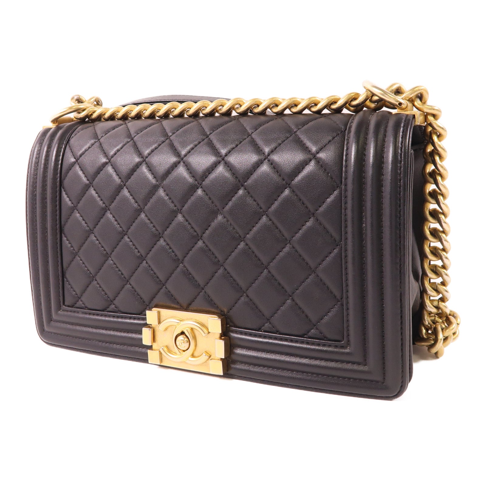 CHANEL 羊皮皮革Boy 25金扣鏈帶肩背袋