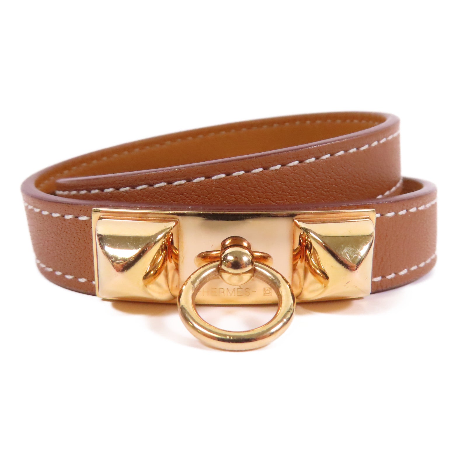 HERMES Swift皮革Rivale Double Tour Bracelet金扣手鐲37 Gold經典駝色