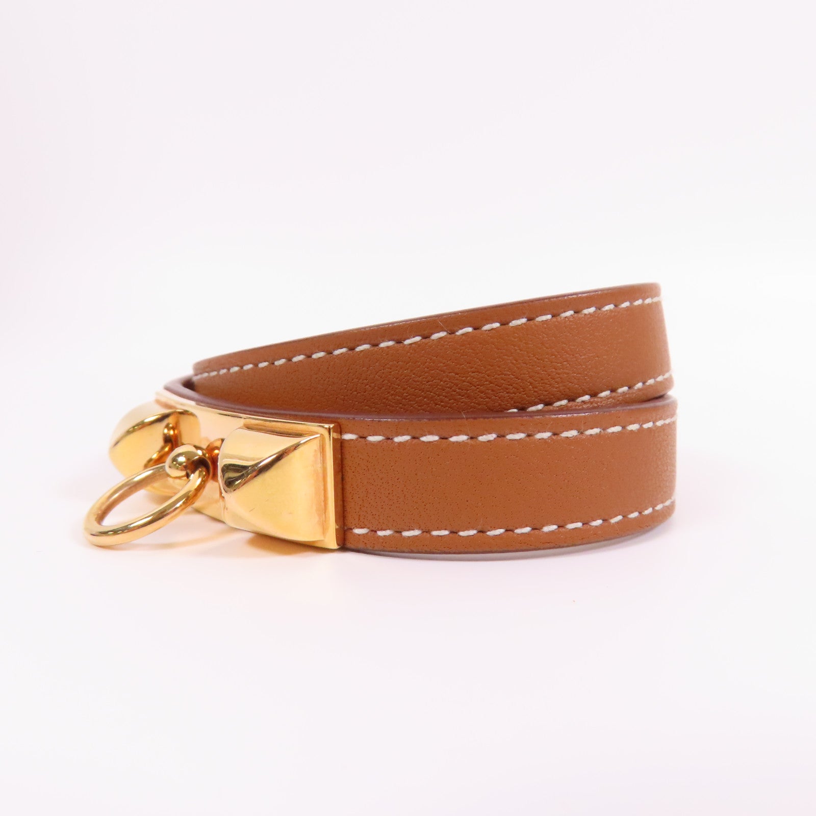HERMES Swift皮革Rivale Double Tour Bracelet金扣手鐲37 Gold經典駝色