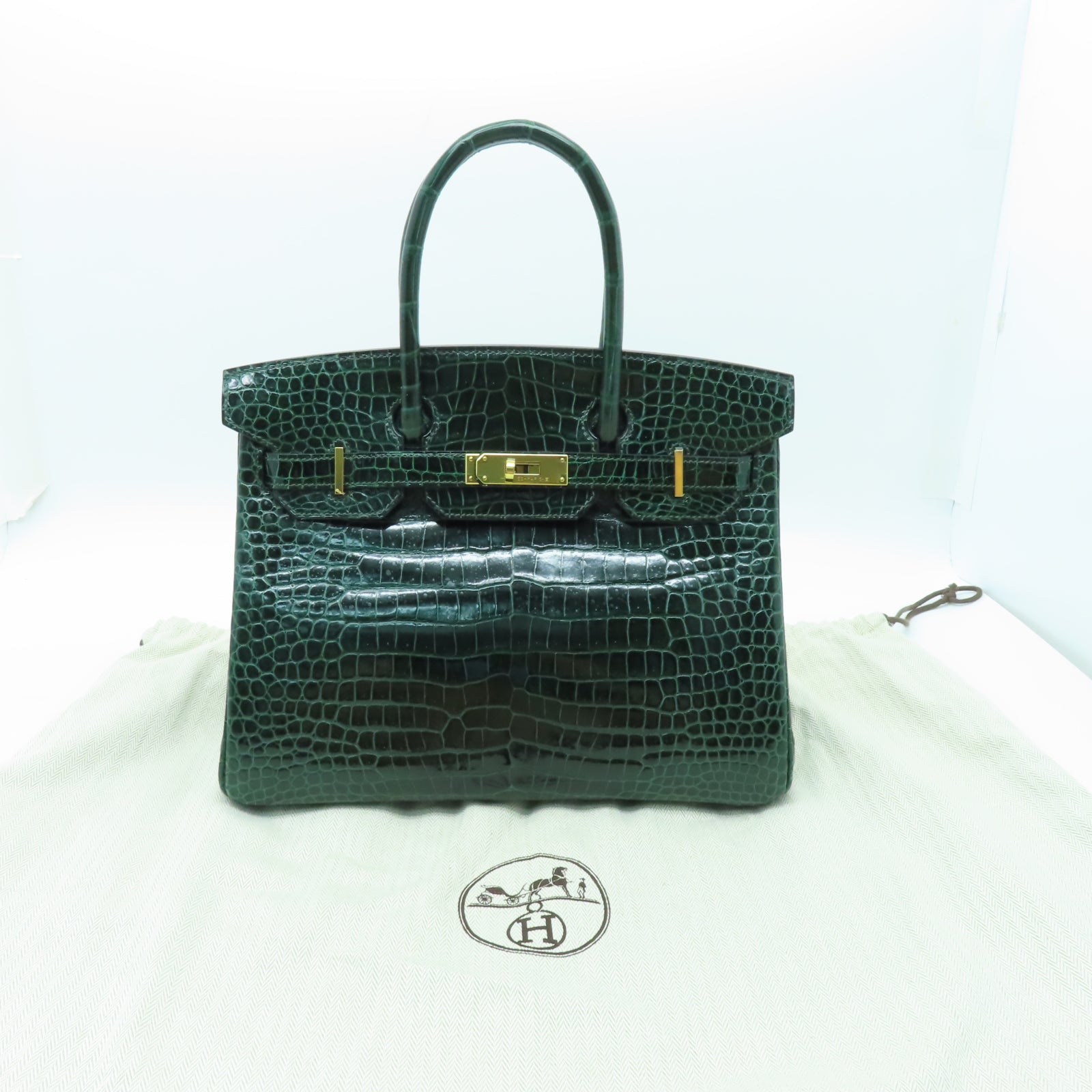 HERMES 【清倉大減價】鱷魚皮革Birkin 30金扣手挽袋綠色