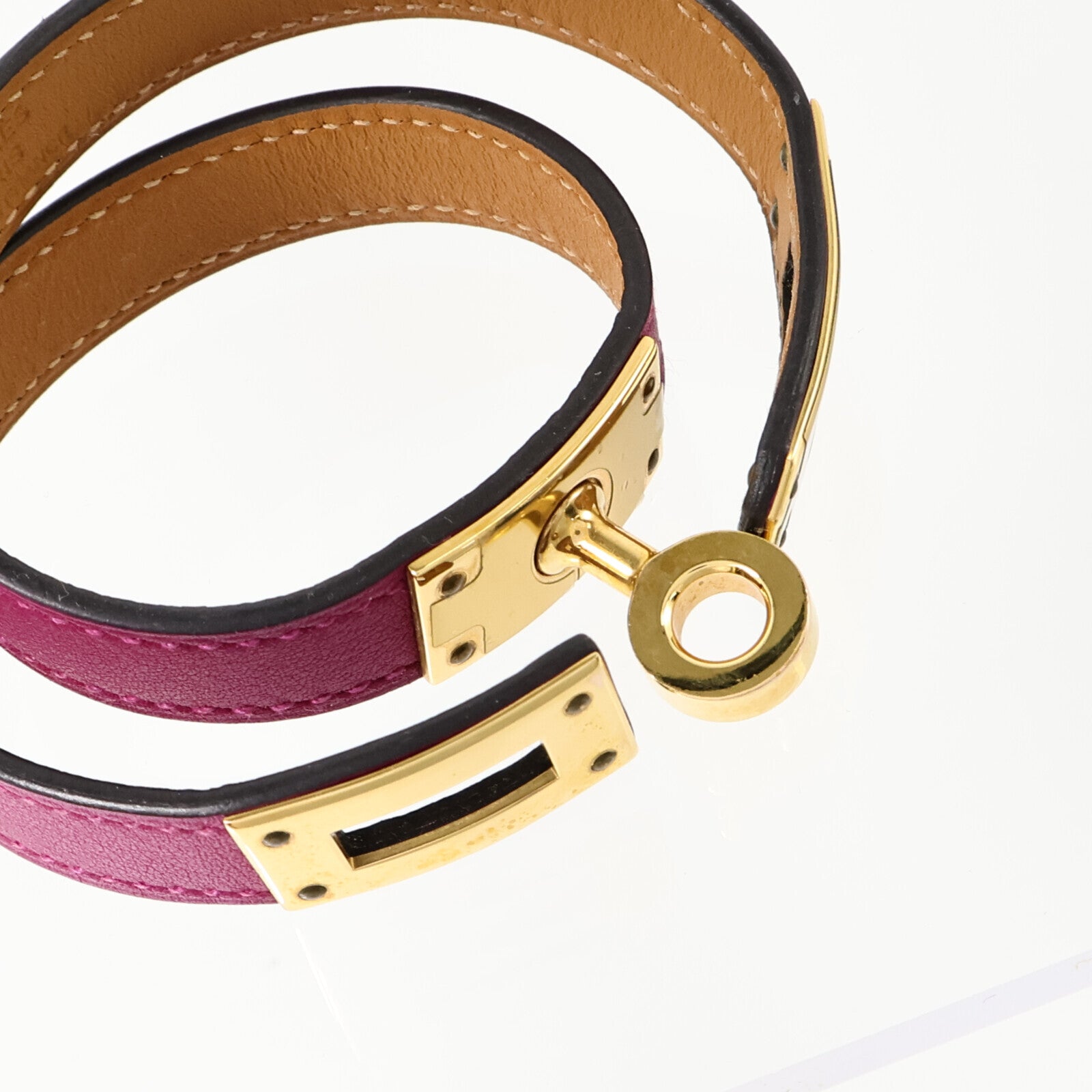 HERMES Swift皮革Kelly Double Tour Bracelet金扣手鏈Rose Pourpre