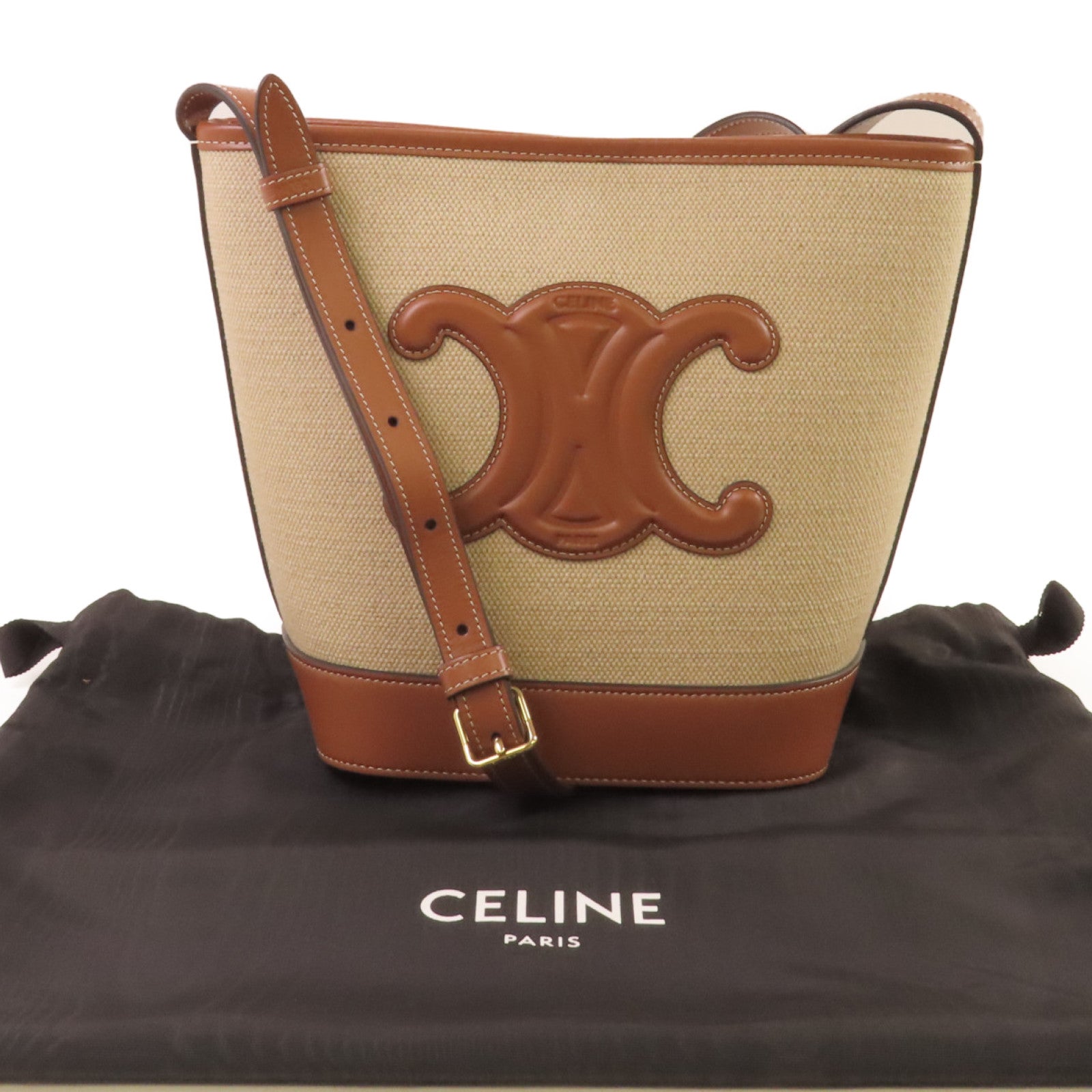 CELINE 帆布Bucket Bag金扣肩背袋杏色/啡色