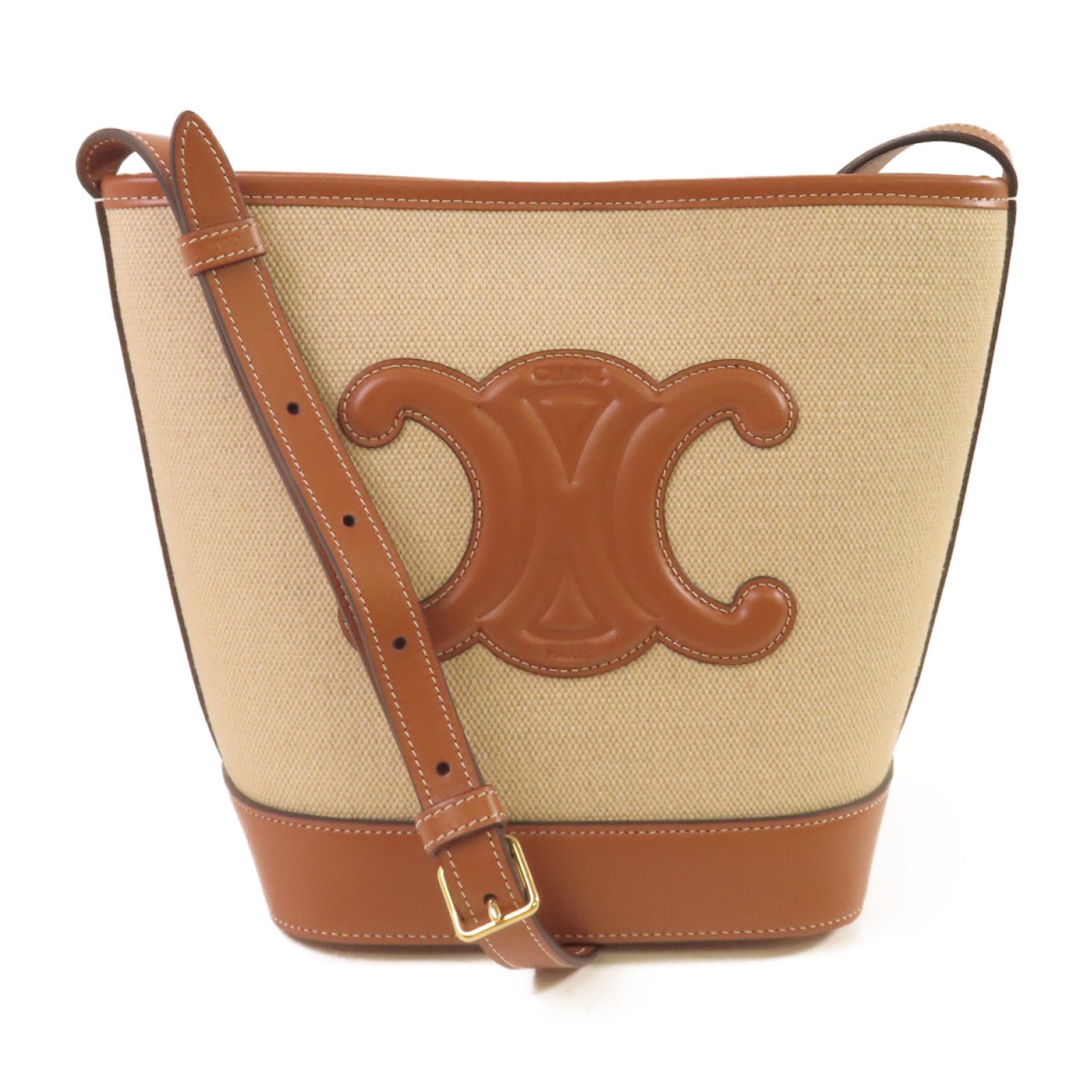 CELINE 帆布Bucket Bag金扣肩背袋杏色/啡色