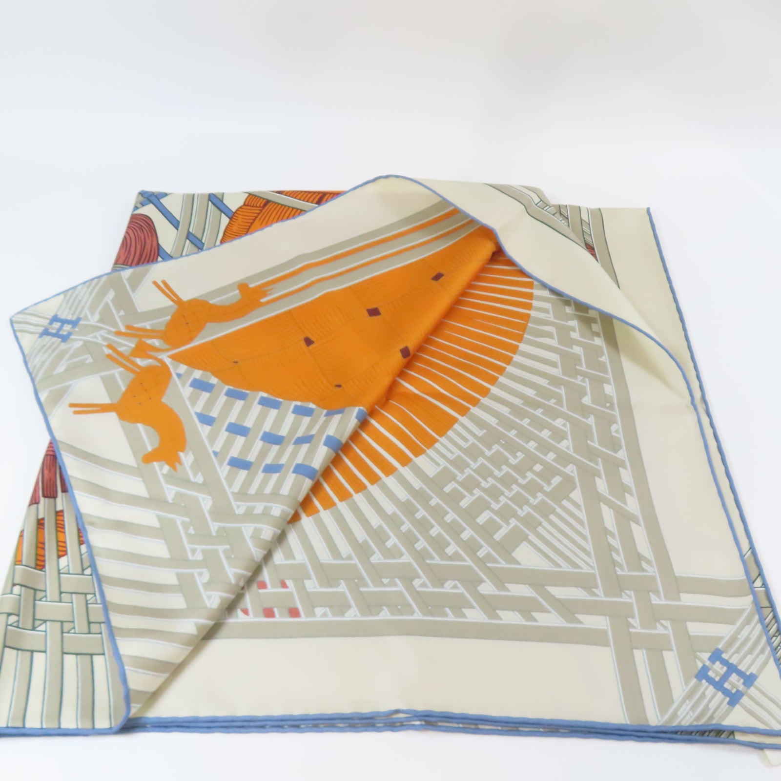 HERMES 絲質Scarf 90x90cm絲巾米色/紅色/橙色