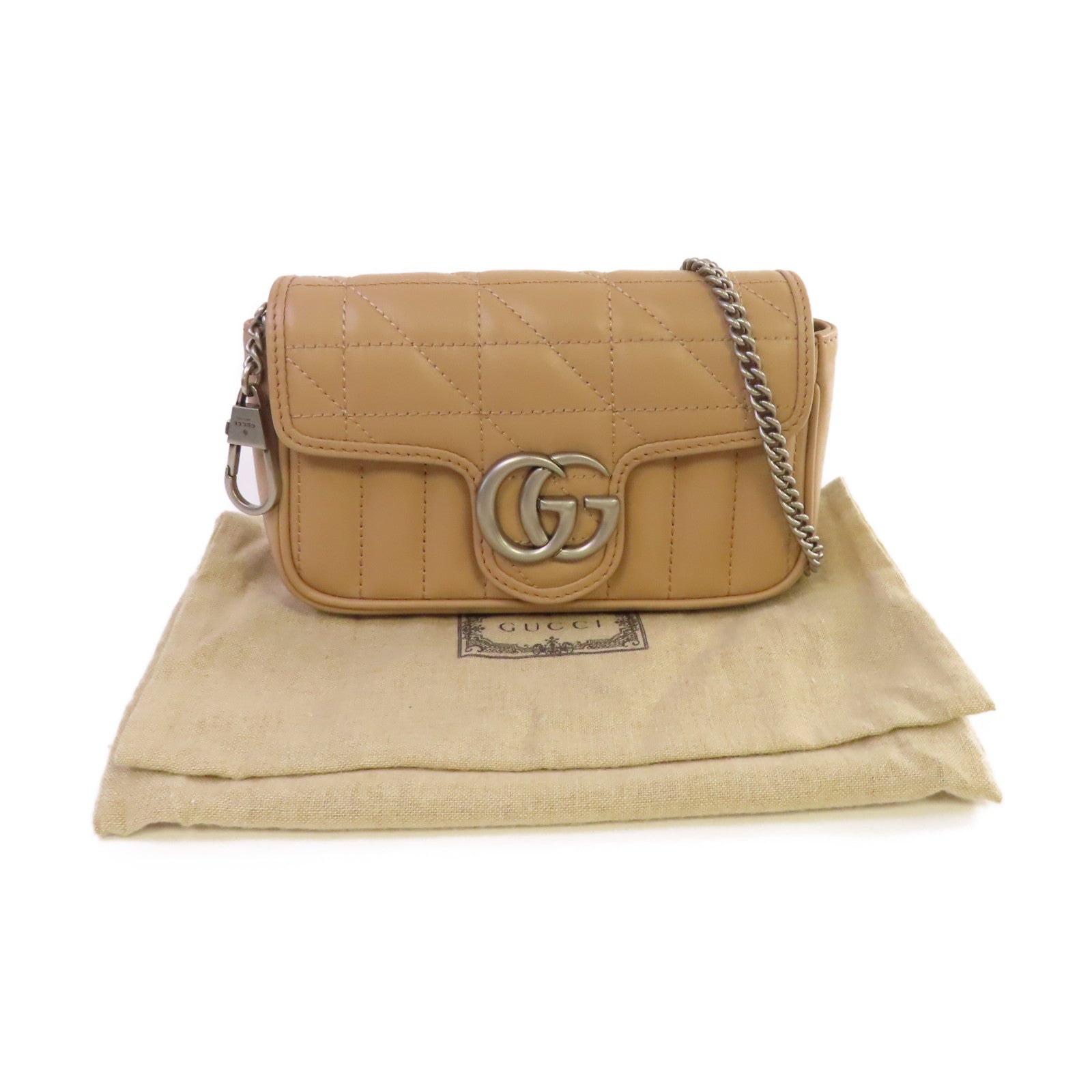GUCCI 【激減優惠】Chevron皮革GG Marmont Mini Chain Shoulder Bag銀扣鏈帶肩背袋杏色