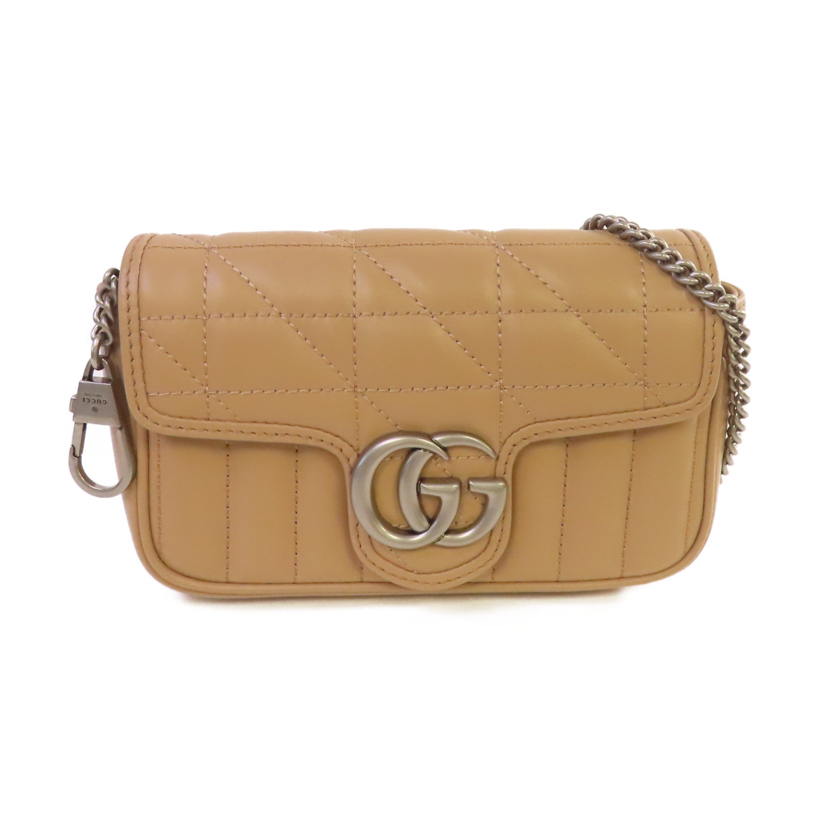 GUCCI 【激減優惠】Chevron皮革GG Marmont Mini Chain Shoulder Bag銀扣鏈帶肩背袋杏色