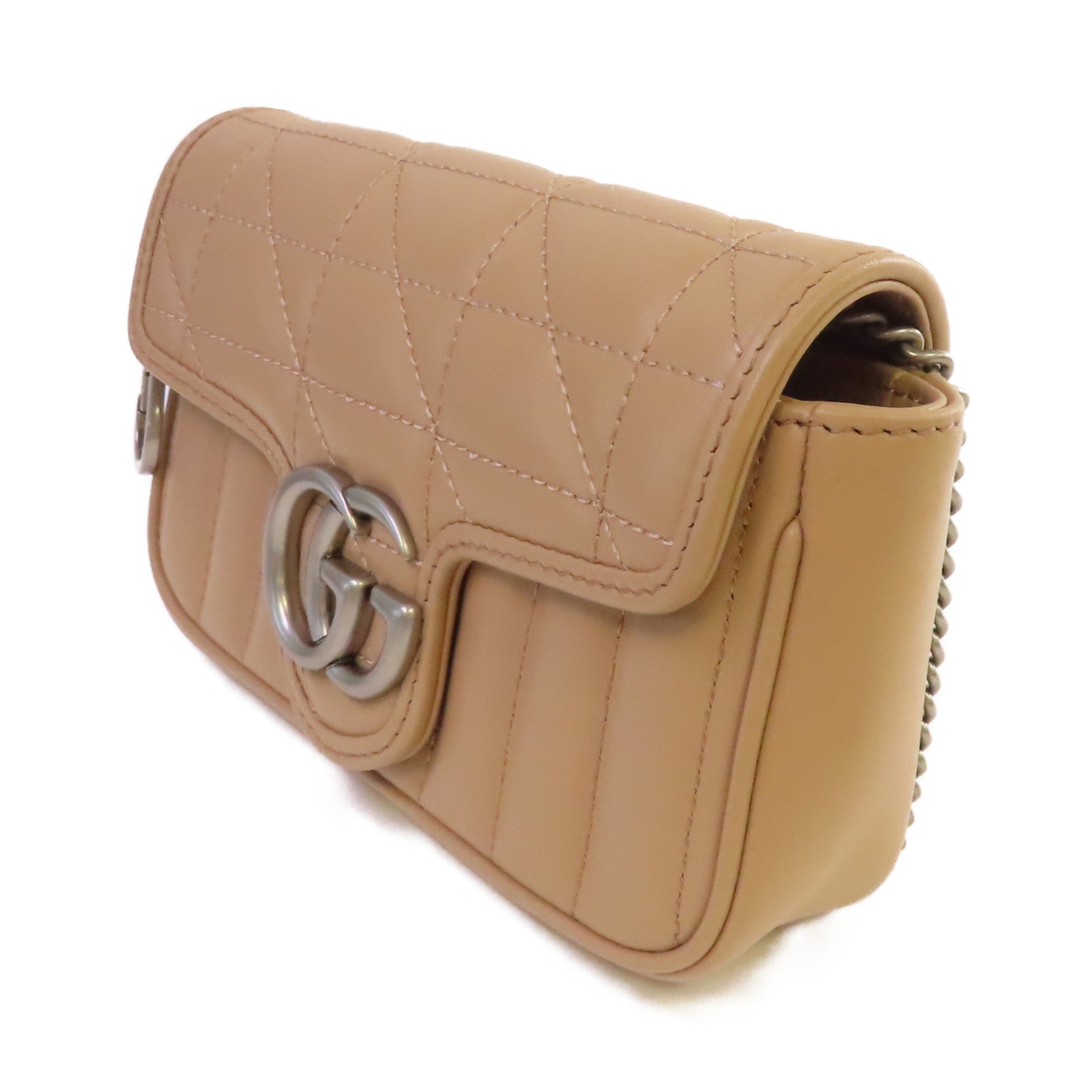 GUCCI 【激減優惠】Chevron皮革GG Marmont Mini Chain Shoulder Bag銀扣鏈帶肩背袋杏色