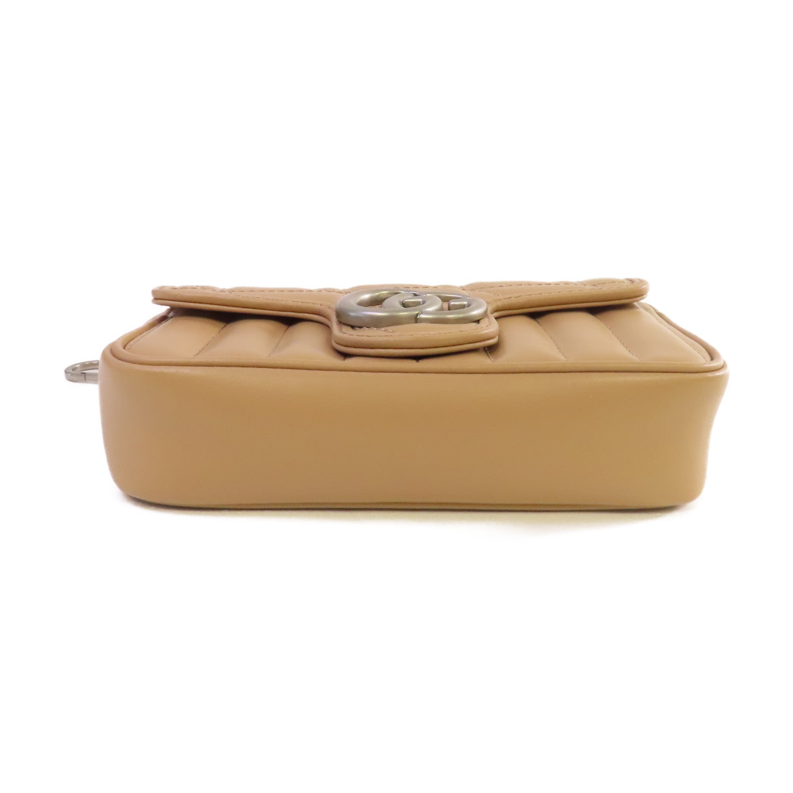GUCCI 【激減優惠】Chevron皮革GG Marmont Mini Chain Shoulder Bag銀扣鏈帶肩背袋杏色