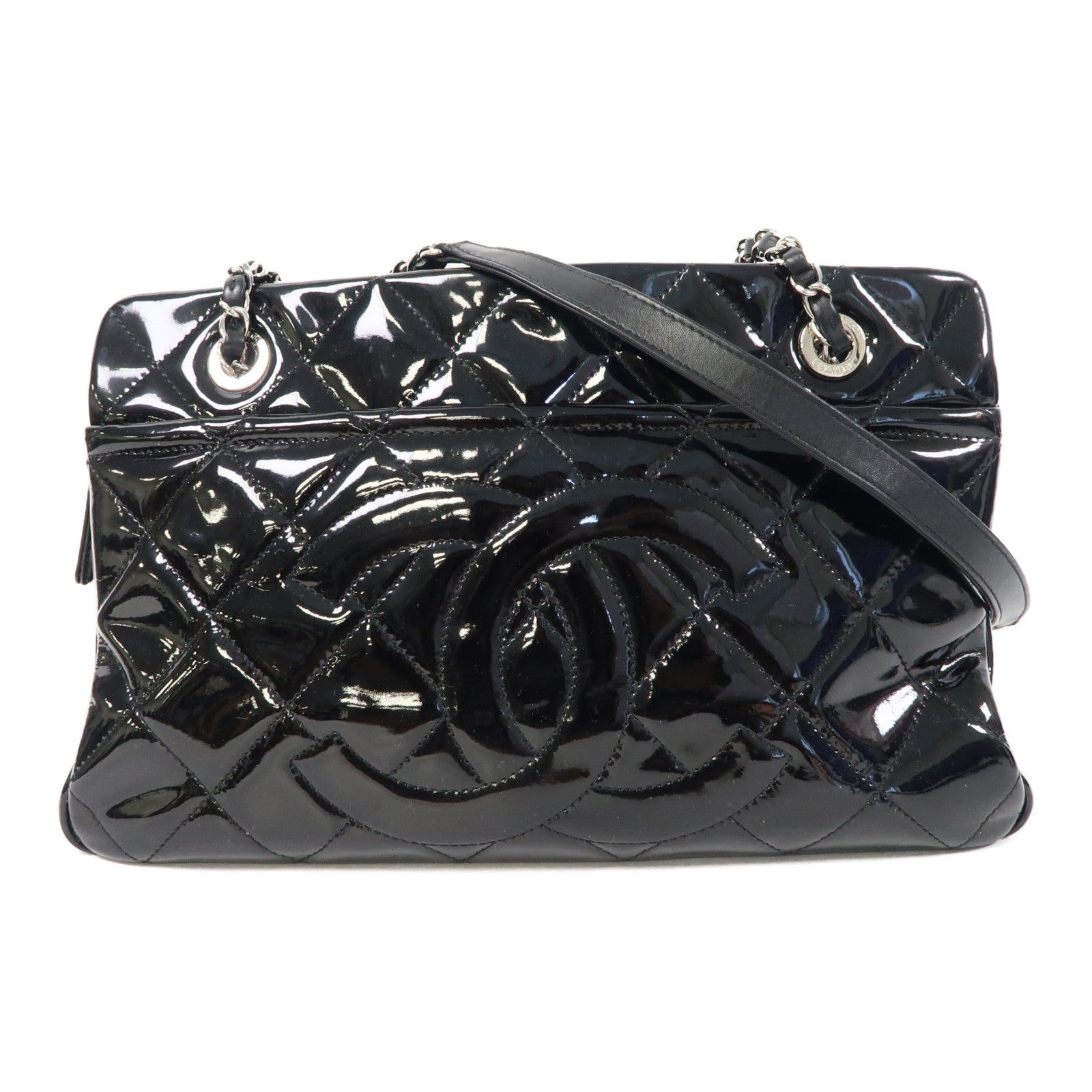 CHANEL 菱格漆皮皮革Chain Shoulder Bag銀扣鏈帶肩背袋黑色