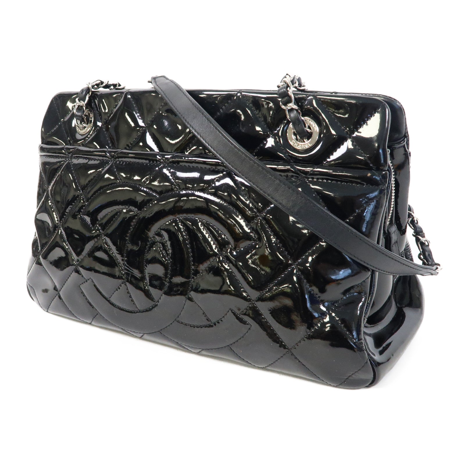 CHANEL 菱格漆皮皮革Chain Shoulder Bag銀扣鏈帶肩背袋黑色