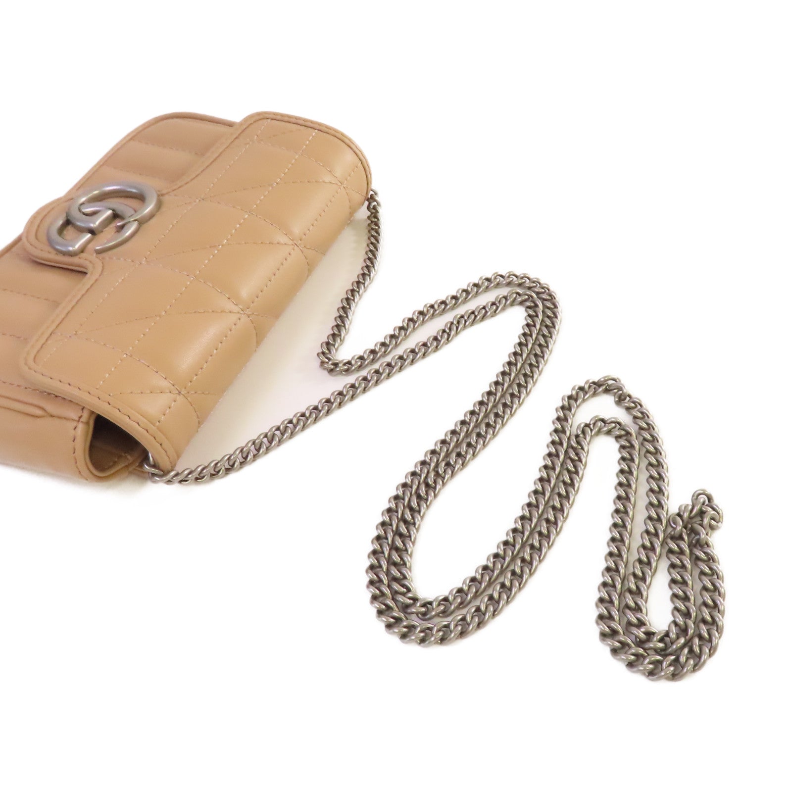 GUCCI 【激減優惠】Chevron皮革GG Marmont Mini Chain Shoulder Bag銀扣鏈帶肩背袋杏色