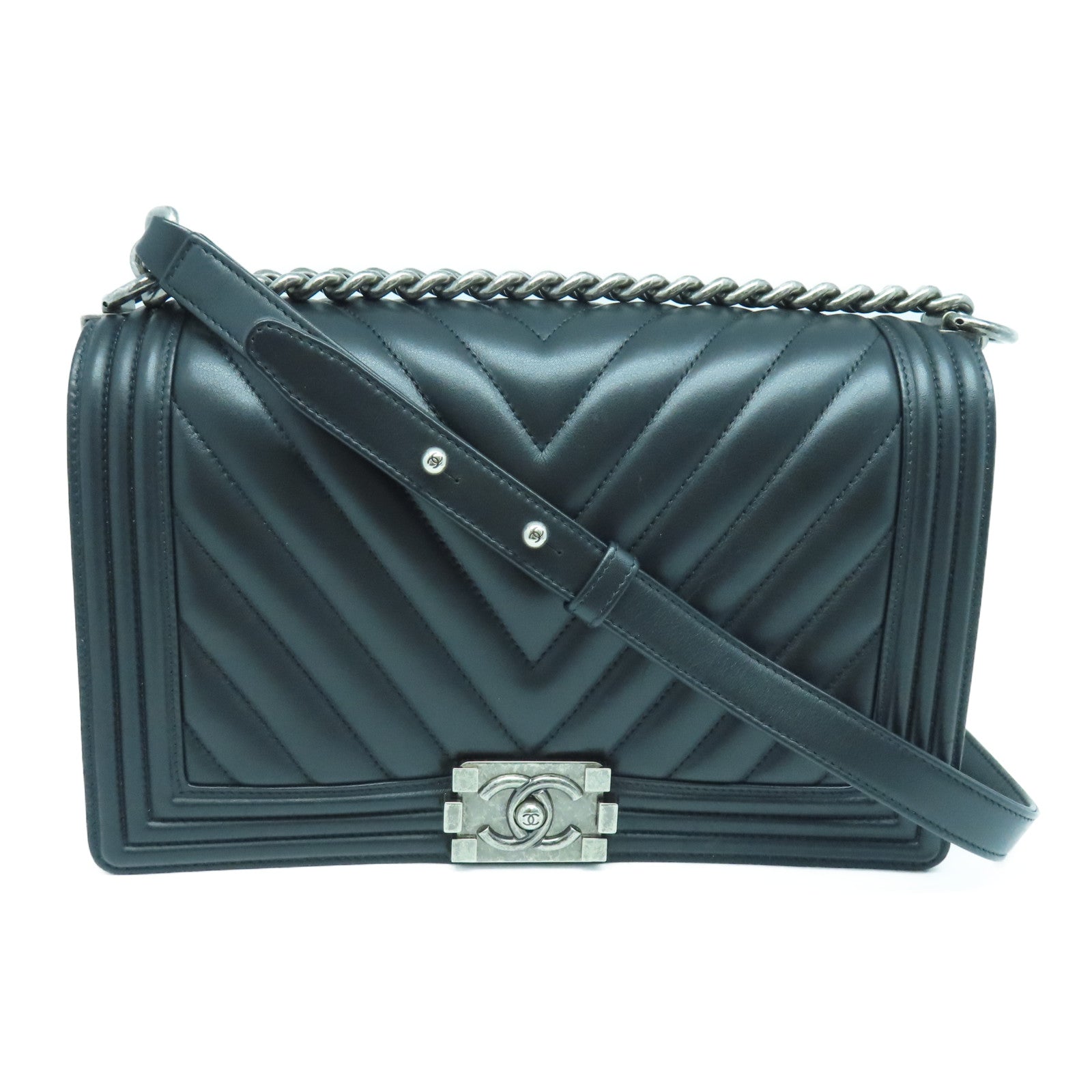 CHANEL twill cowhide leather Boy silver buckle shoulder bag black