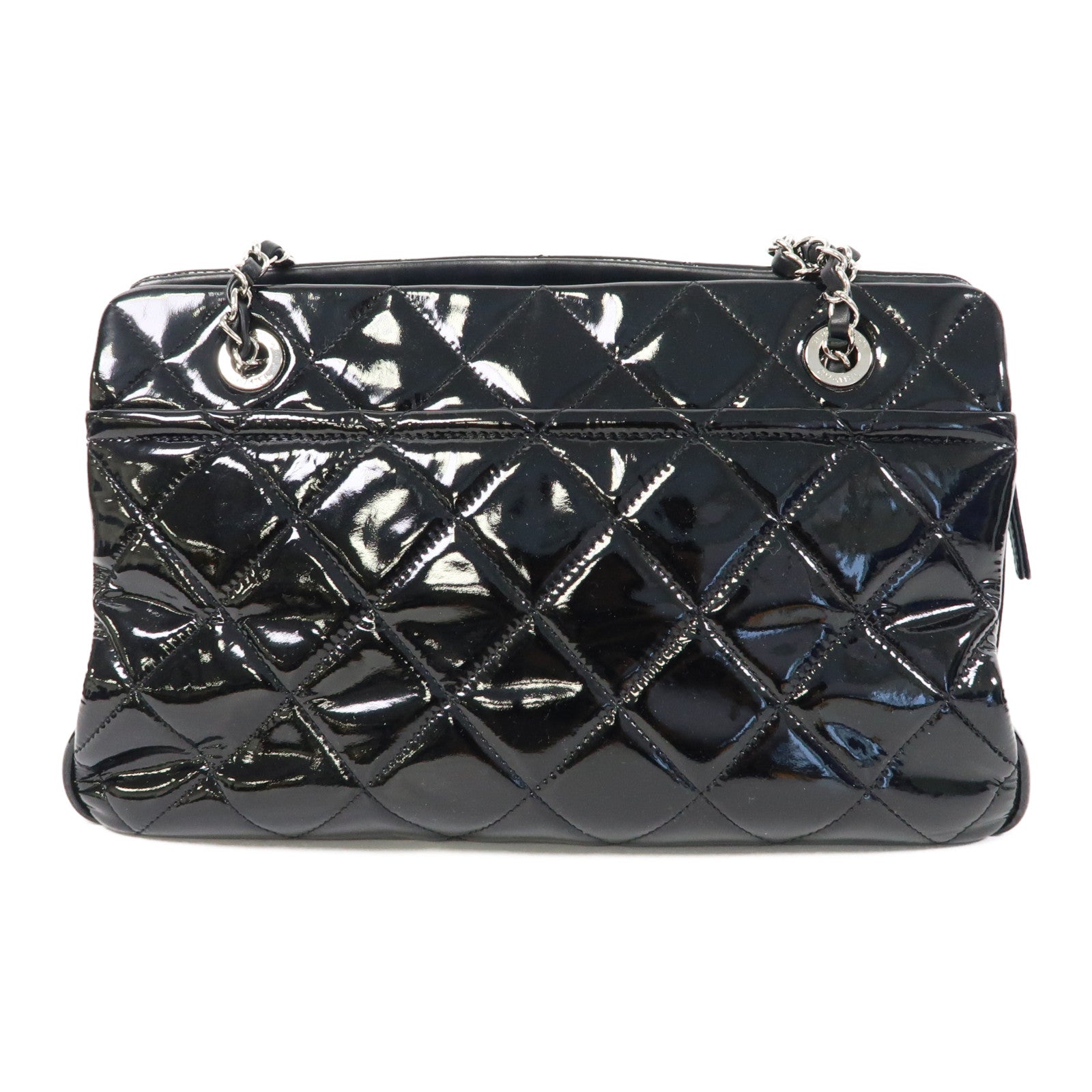 CHANEL 菱格漆皮皮革Chain Shoulder Bag銀扣鏈帶肩背袋黑色