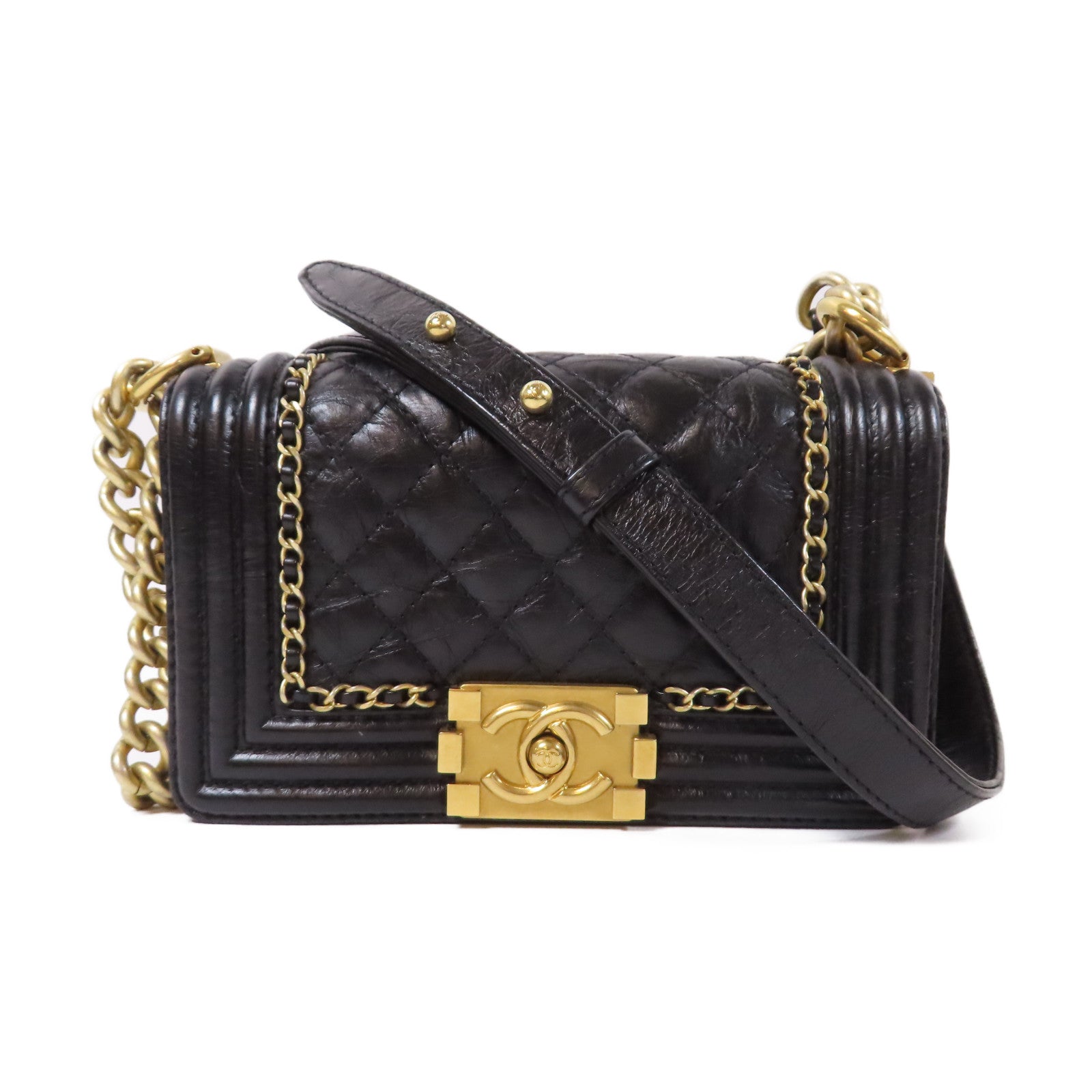CHANEL 【激減優惠】菱格牛皮皮革Boy Chanel金扣鏈帶肩背袋黑色