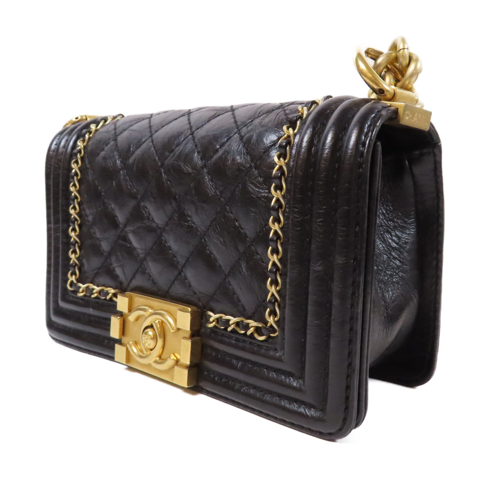 CHANEL 【激減優惠】菱格牛皮皮革Boy Chanel金扣鏈帶肩背袋黑色