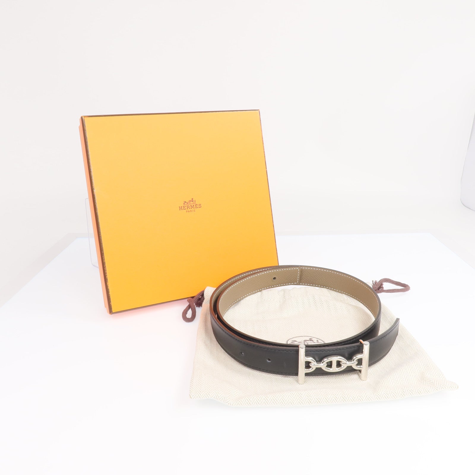 HERMES Epsom/Swift皮革Lagune Belt(70cm)銀扣皮帶Black/Etoupe