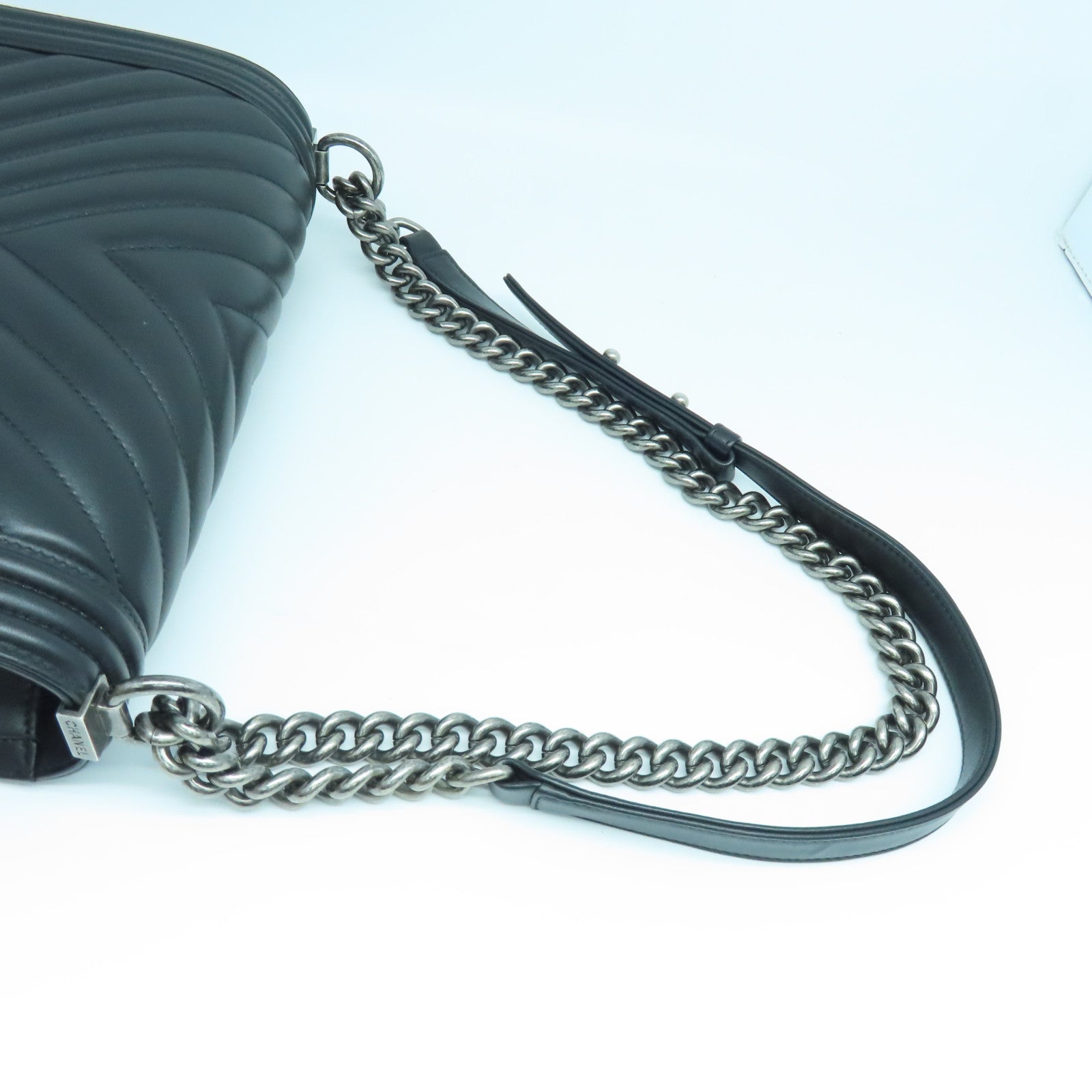 CHANEL twill cowhide leather Boy silver buckle shoulder bag black