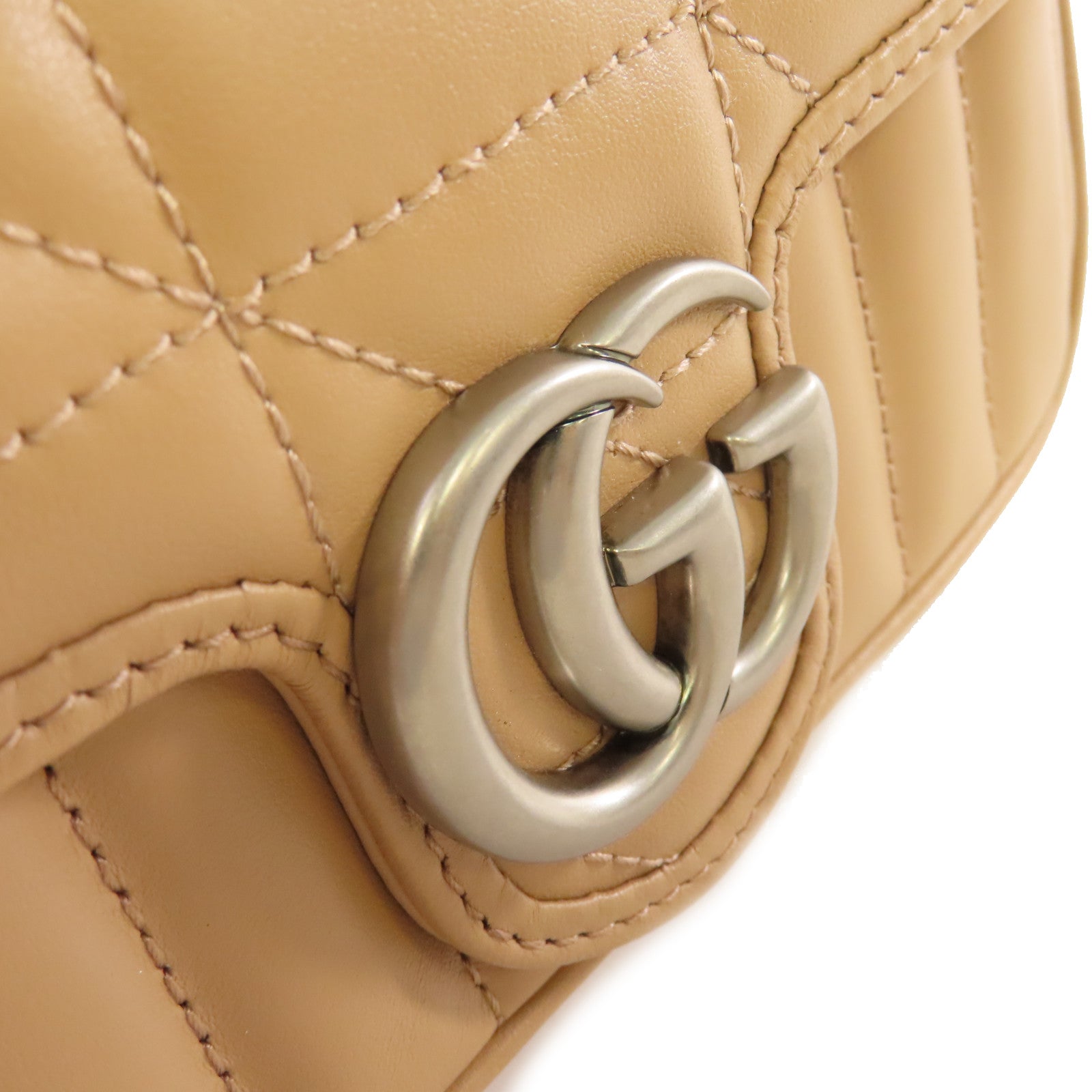 GUCCI 【激減優惠】Chevron皮革GG Marmont Mini Chain Shoulder Bag銀扣鏈帶肩背袋杏色