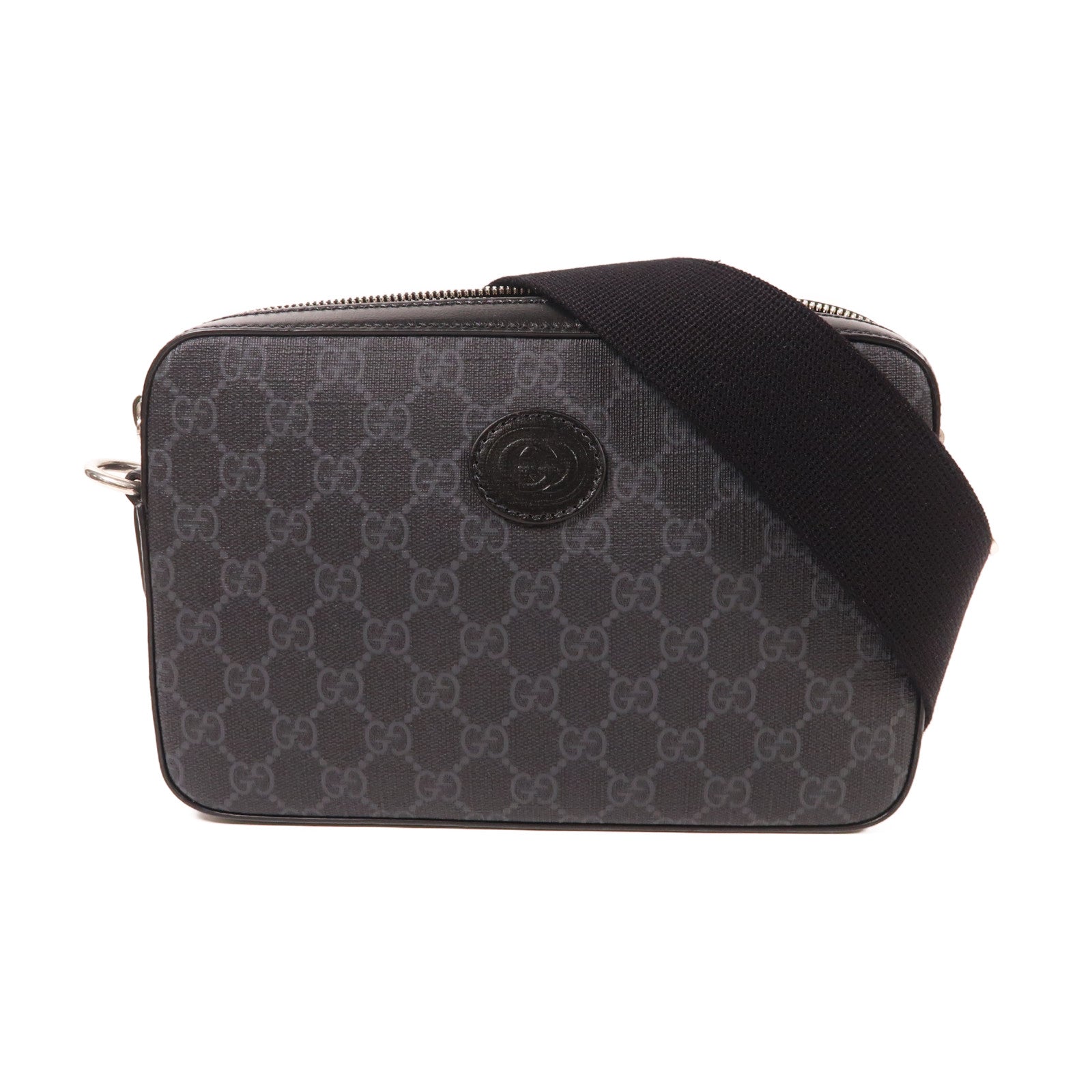 GUCCI 帆布Interlocking G銀扣肩背袋黑色