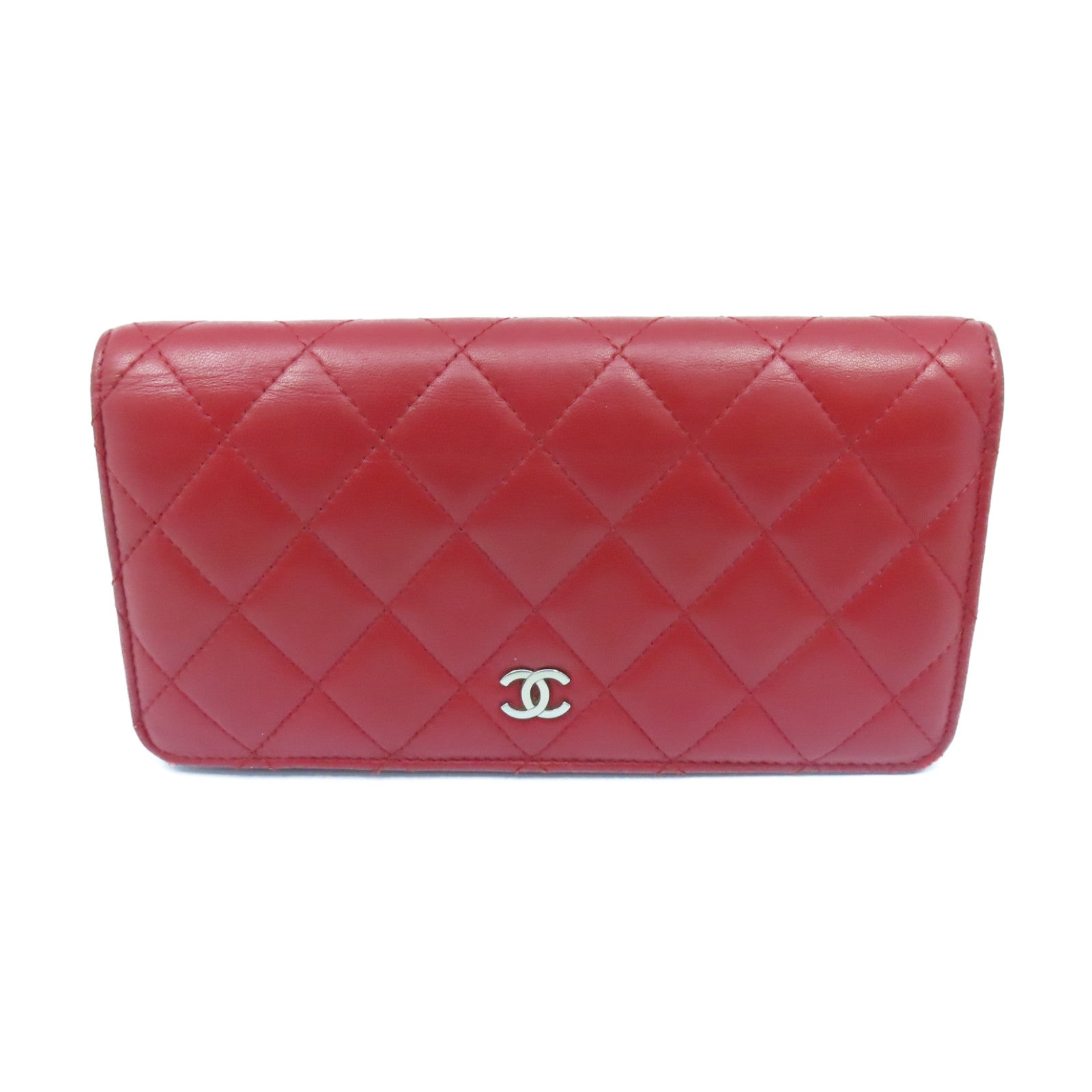 CHANEL 【激減優惠】菱格羊皮皮革Long Wallet銀扣長錢包紅色
