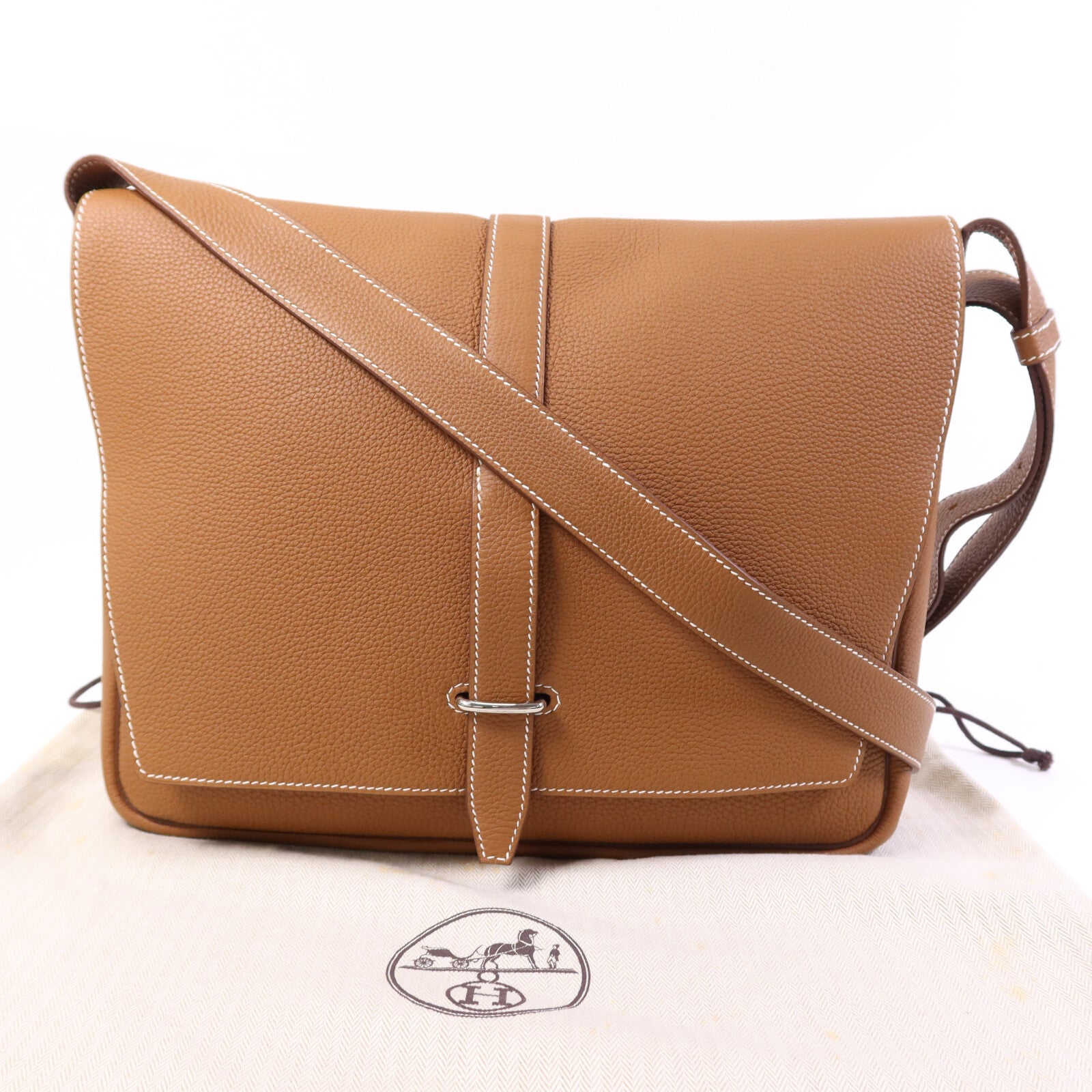 HERMES Togo皮革Steve Light Messenger銀扣肩背袋Gold