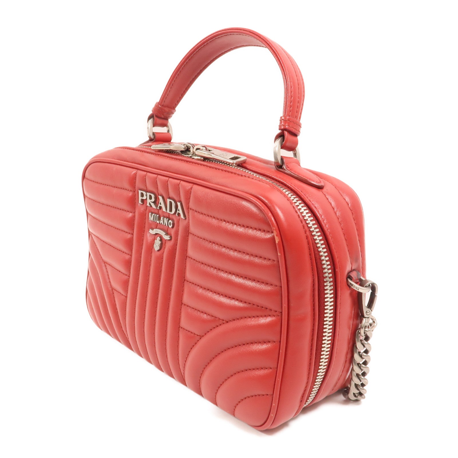 PRADA 牛皮皮革Diagramme Bag銀扣鏈帶手挽肩背兩用袋