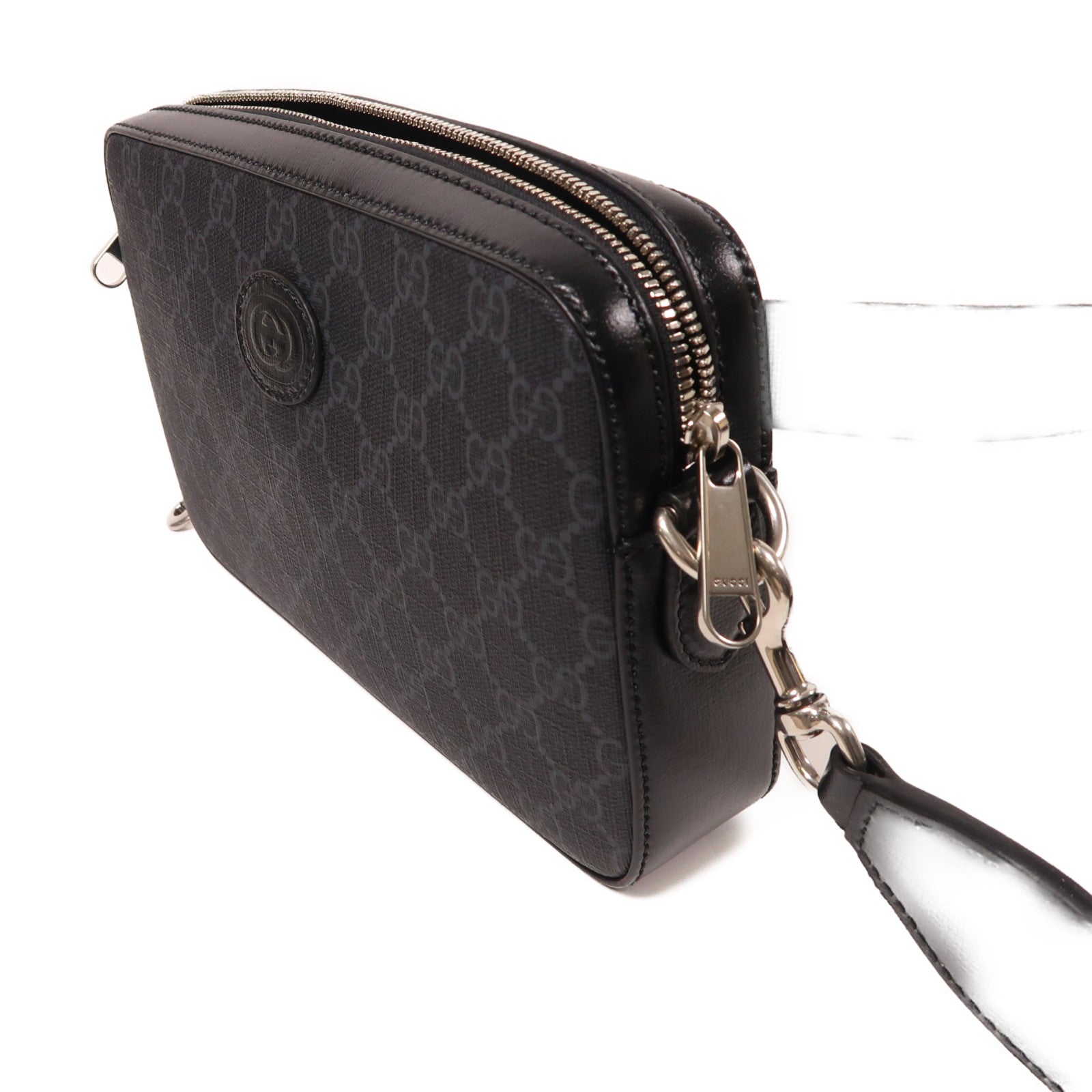 GUCCI 帆布Interlocking G銀扣肩背袋黑色