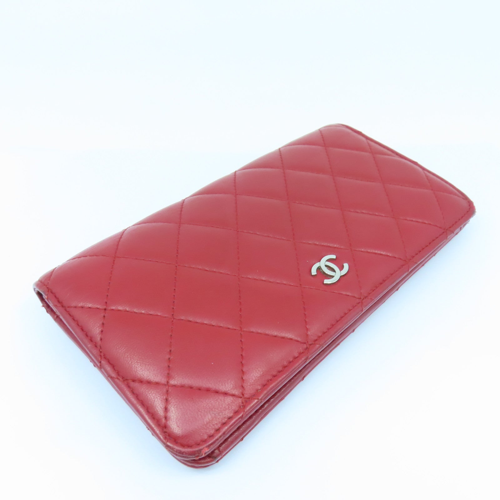 CHANEL 【激減優惠】菱格羊皮皮革Long Wallet銀扣長錢包紅色