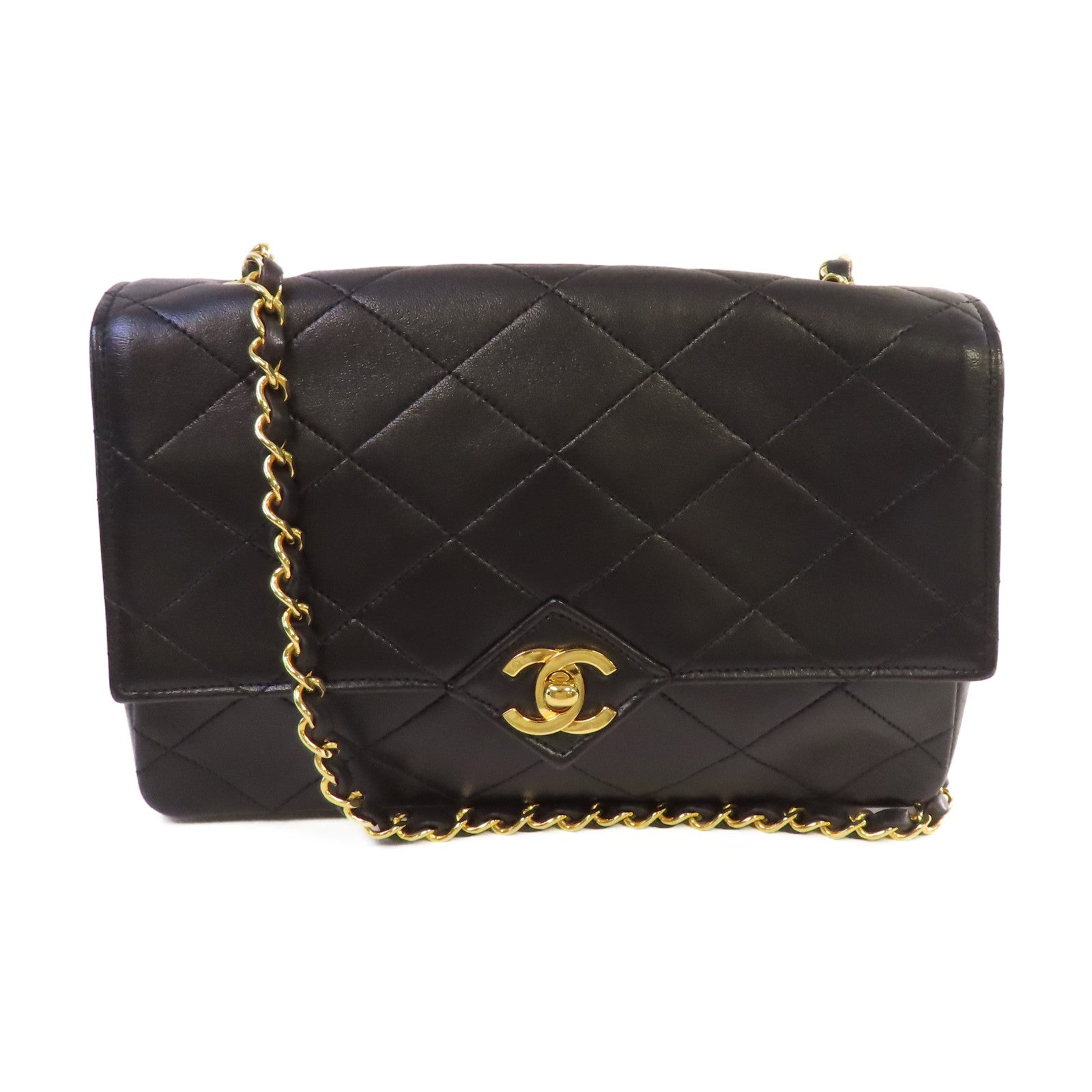CHANEL 菱格羊皮皮革Vintage Chain Shoulder Bag金扣鏈帶肩背袋黑色