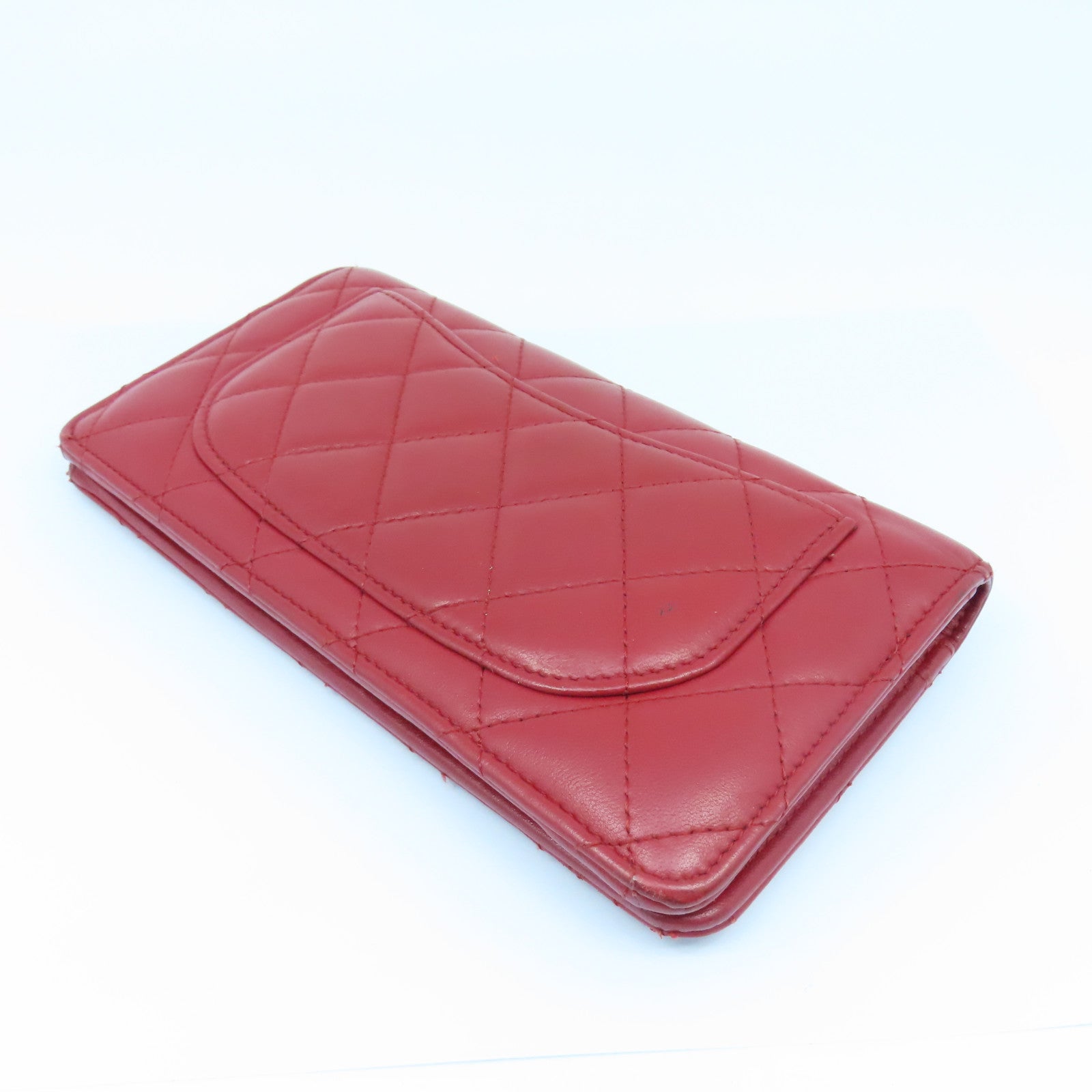 CHANEL 【激減優惠】菱格羊皮皮革Long Wallet銀扣長錢包紅色