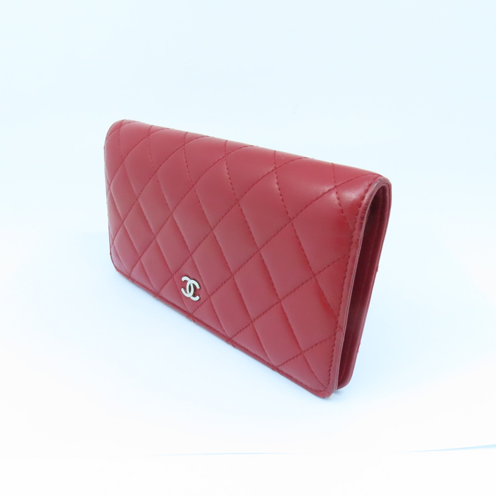 CHANEL 【激減優惠】菱格羊皮皮革Long Wallet銀扣長錢包紅色