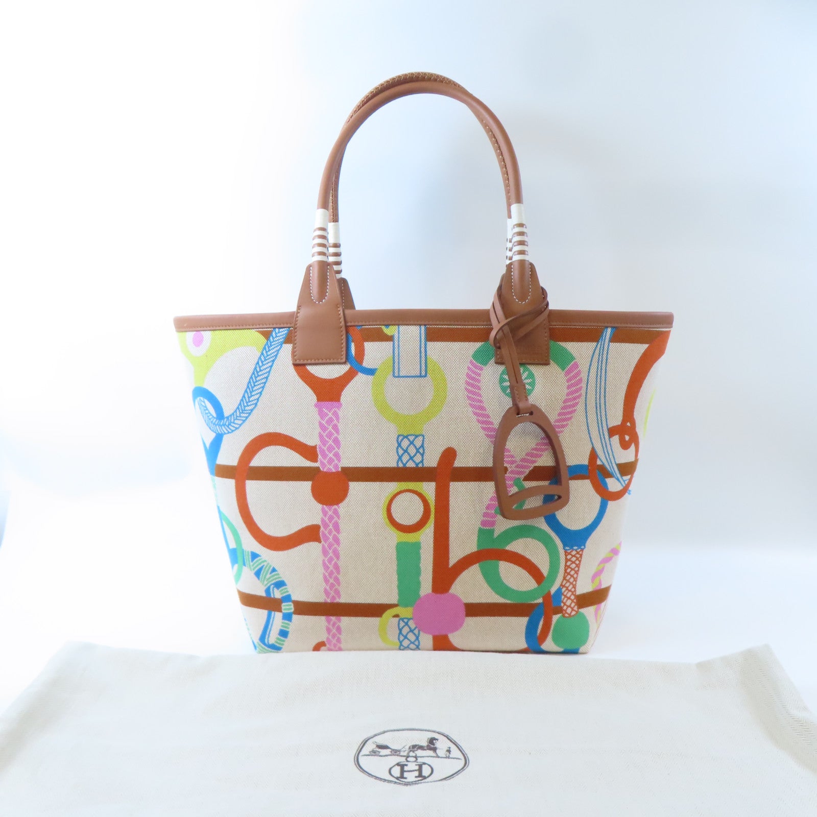 HERMES (PRICE DOWN) PHW Steeple 28 Tote Bag Shoulder Handbag Canvas Cuivre Brown Lime Ecru
