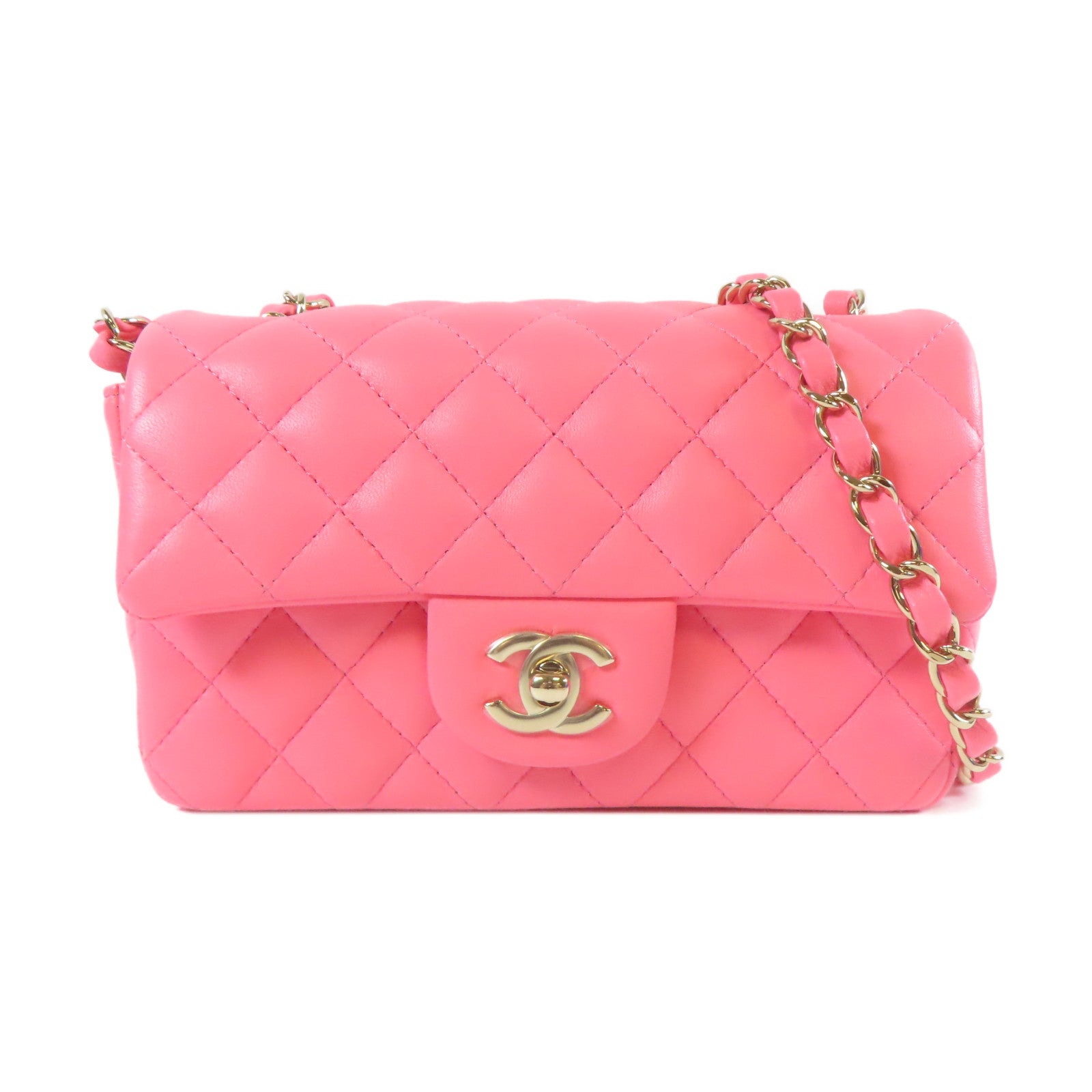 CHANEL 菱格牛皮皮革Chain Shoulder金扣鏈帶肩背袋粉紅色