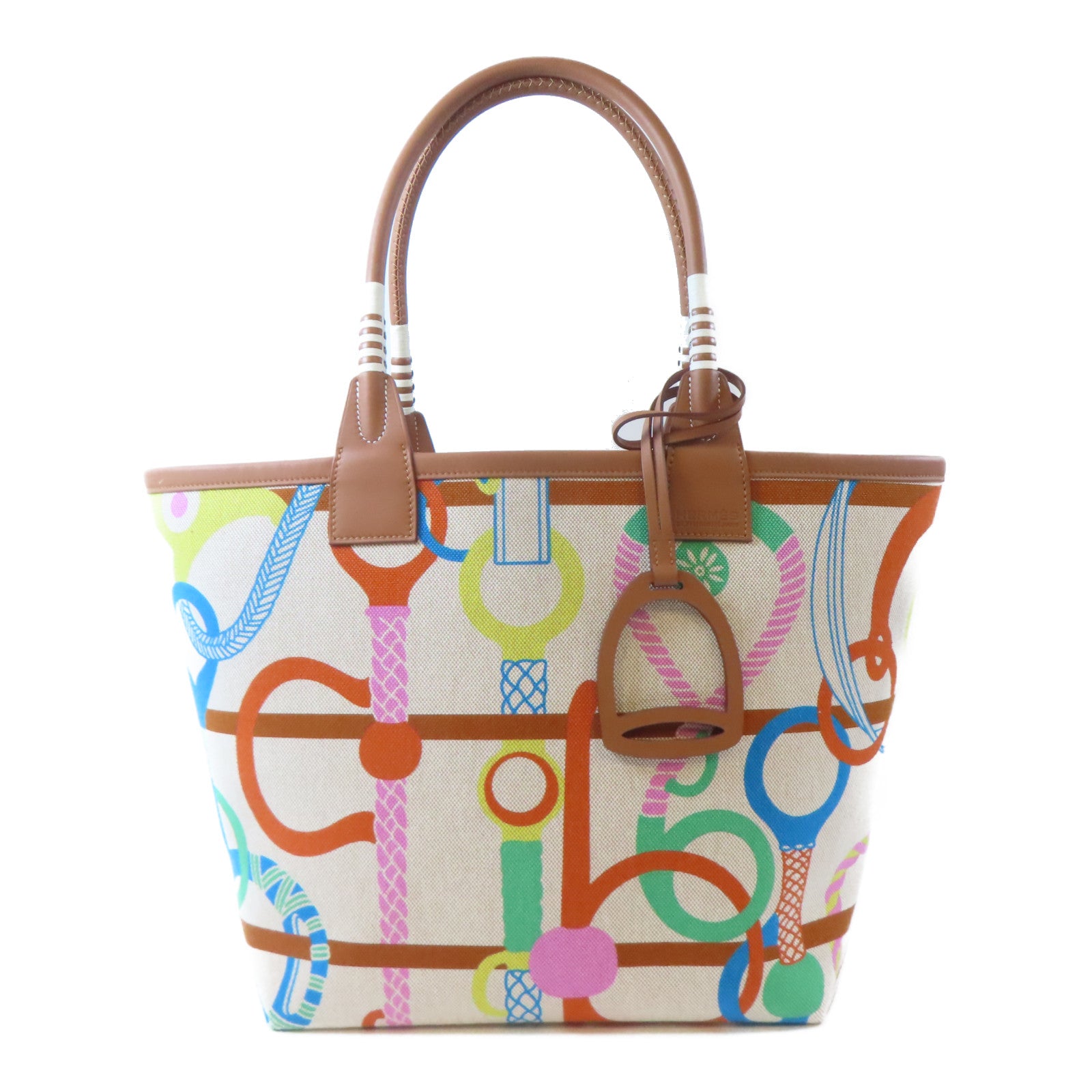 HERMES (PRICE DOWN) PHW Steeple 28 Tote Bag Shoulder Handbag Canvas Cuivre Brown Lime Ecru