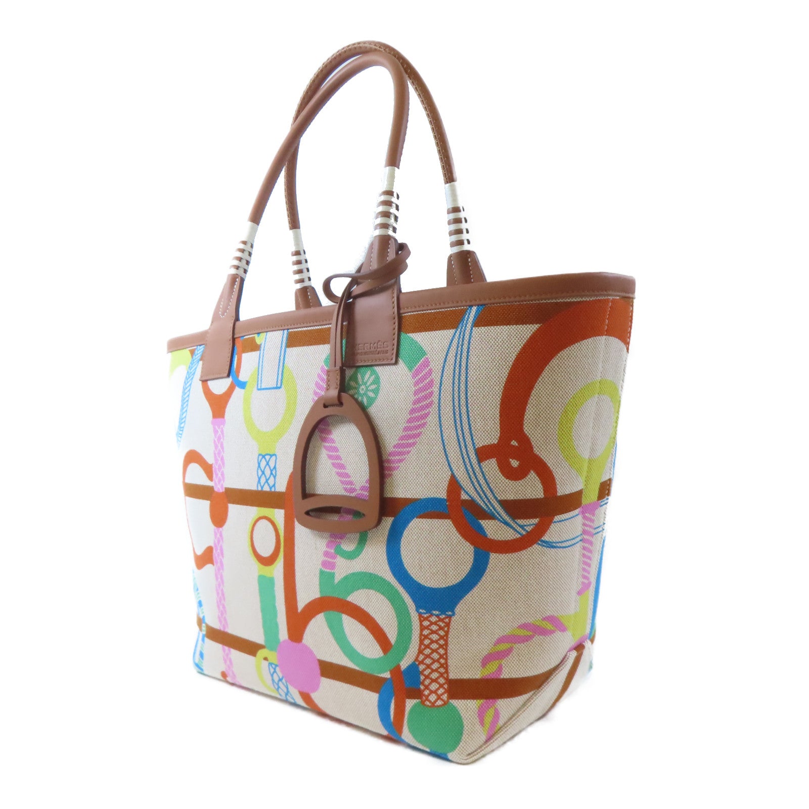 HERMES (PRICE DOWN) PHW Steeple 28 Tote Bag Shoulder Handbag Canvas Cuivre Brown Lime Ecru