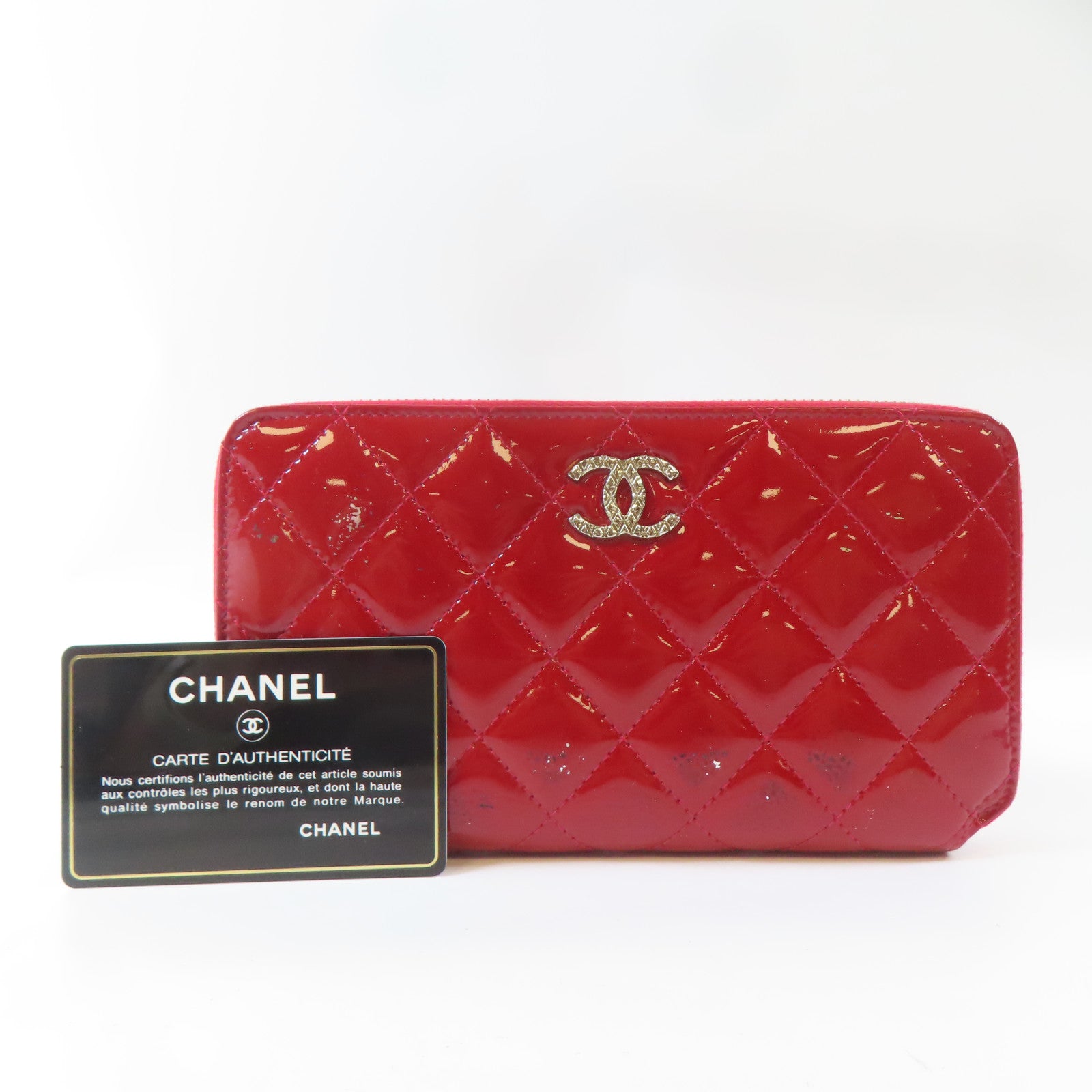 CHANEL 【激減優惠】菱格漆皮皮革Long Wallet銀扣長錢包紅色