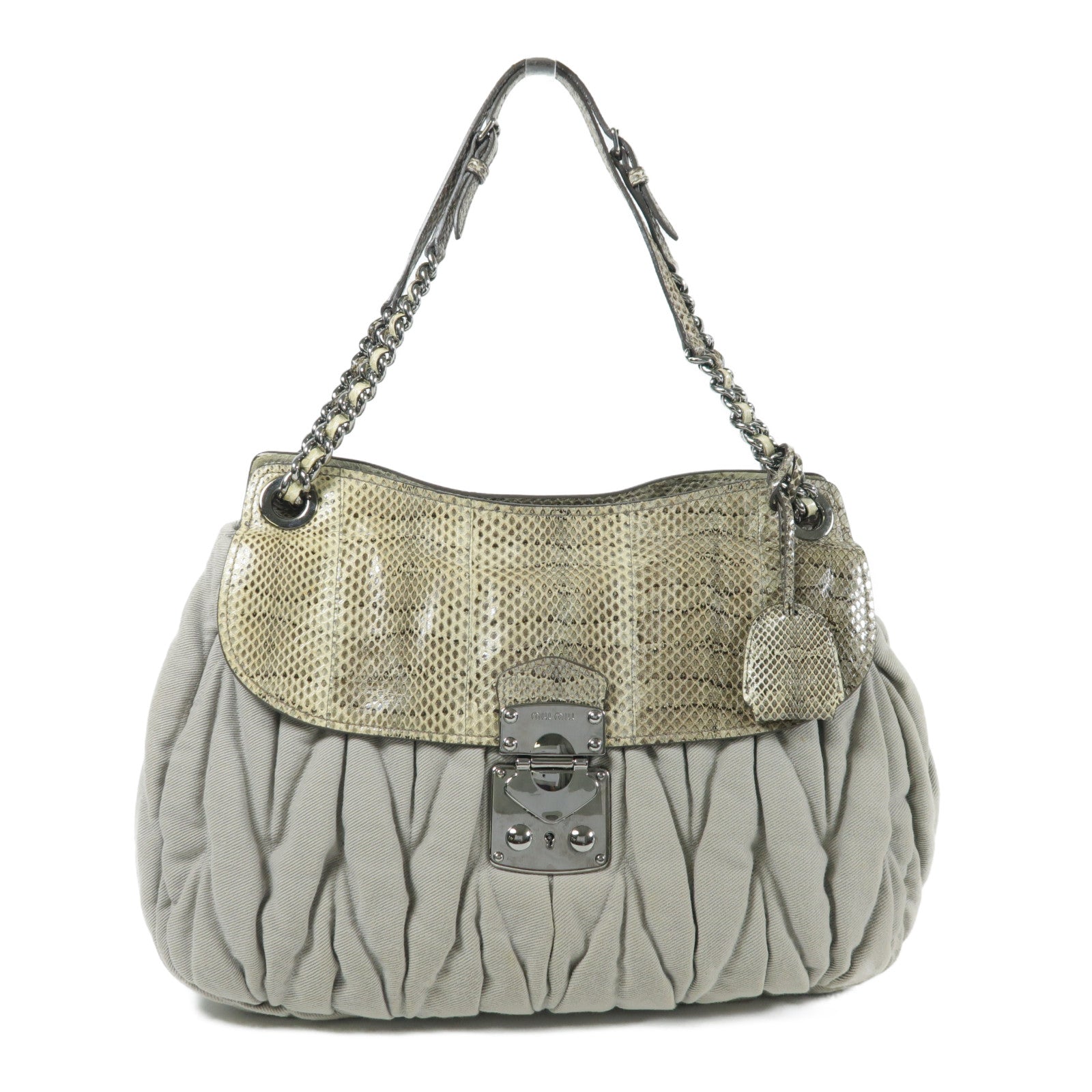 Miu Miu 帆布/蛇皮皮革Shoulder Bag銀扣肩背袋