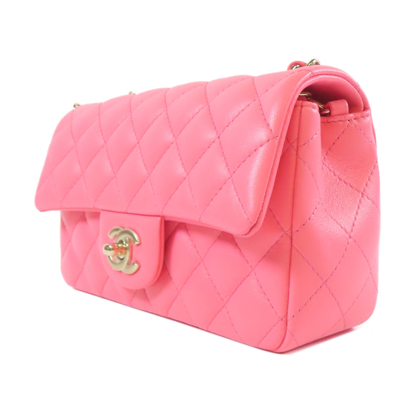 CHANEL 菱格牛皮皮革Chain Shoulder金扣鏈帶肩背袋粉紅色