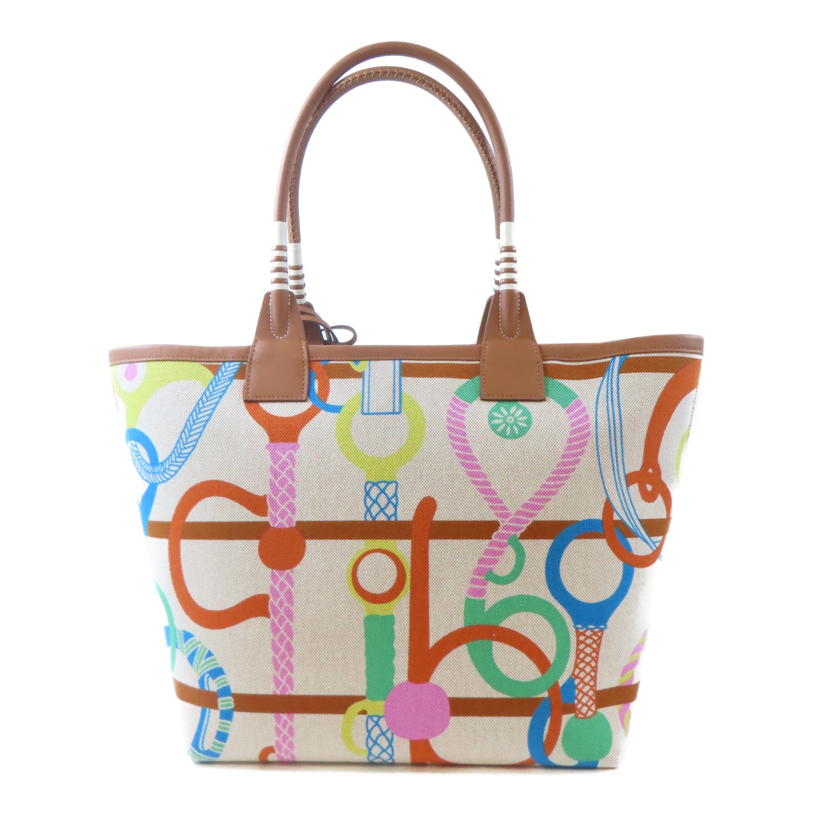 HERMES (PRICE DOWN) PHW Steeple 28 Tote Bag Shoulder Handbag Canvas Cuivre Brown Lime Ecru