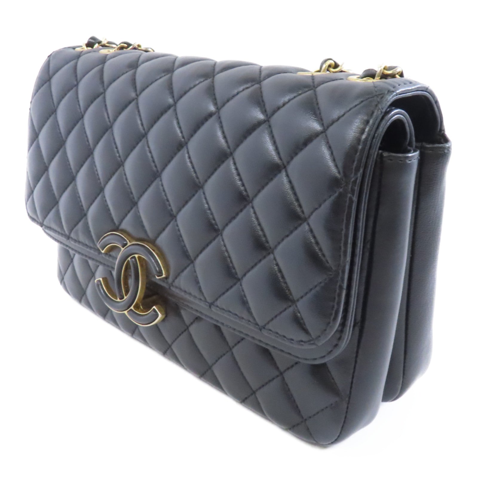 CHANEL 菱格羊皮皮革Chain Shoulder Bag金扣鏈帶肩背袋黑色