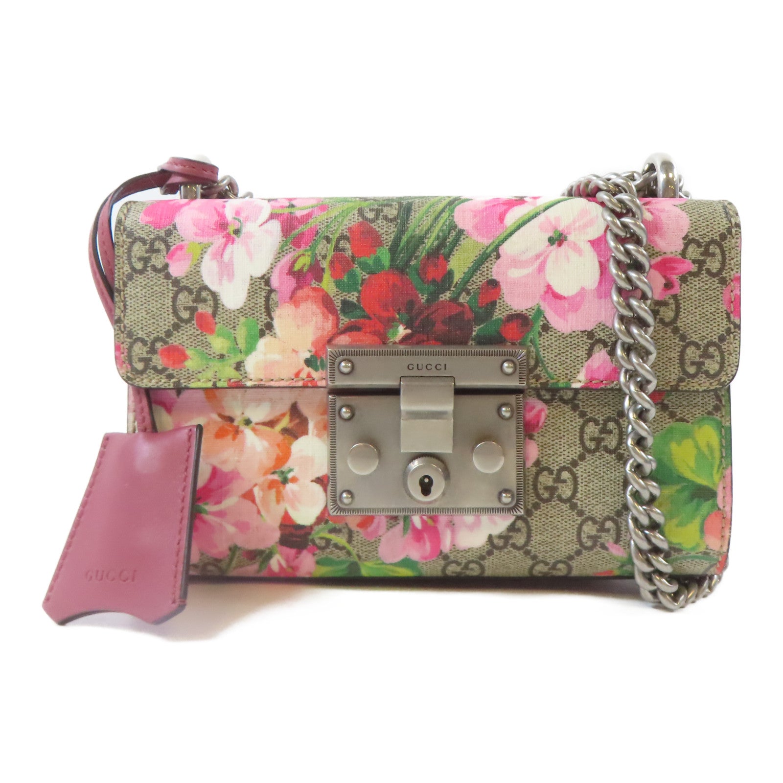 GUCCI 塗層帆布Padlock GG銀扣鏈帶肩背袋啡色/紅色