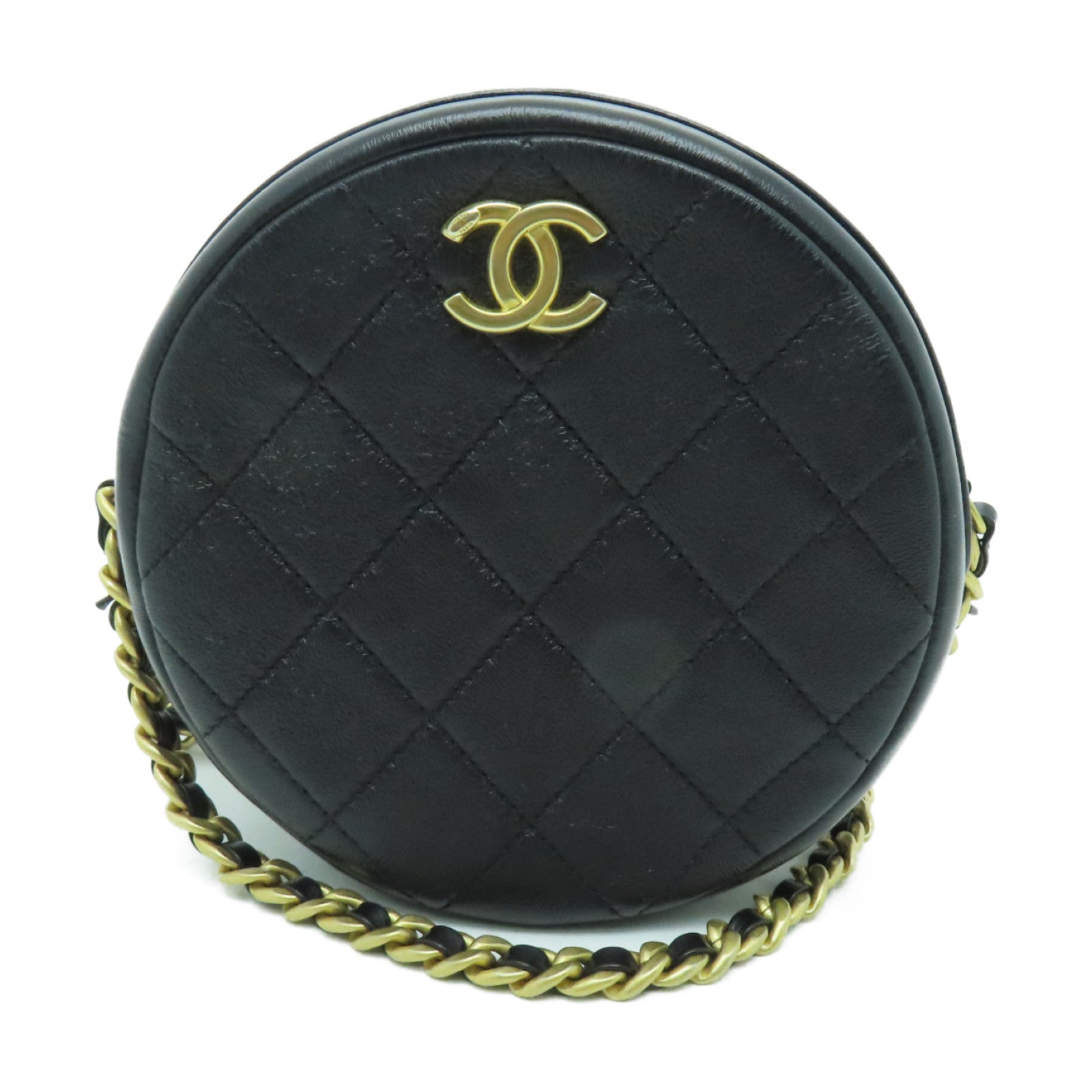 CHANEL 【激減優惠】菱格牛皮皮革Round Chain Shoulder Bag金扣鏈帶肩背袋黒色