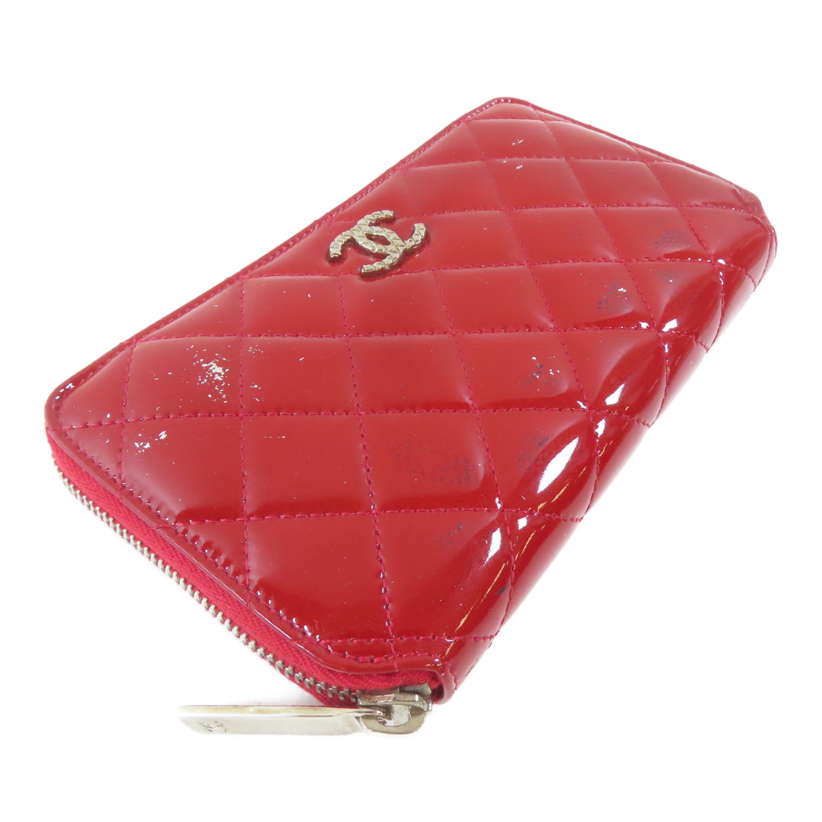 CHANEL 【激減優惠】菱格漆皮皮革Long Wallet銀扣長錢包紅色