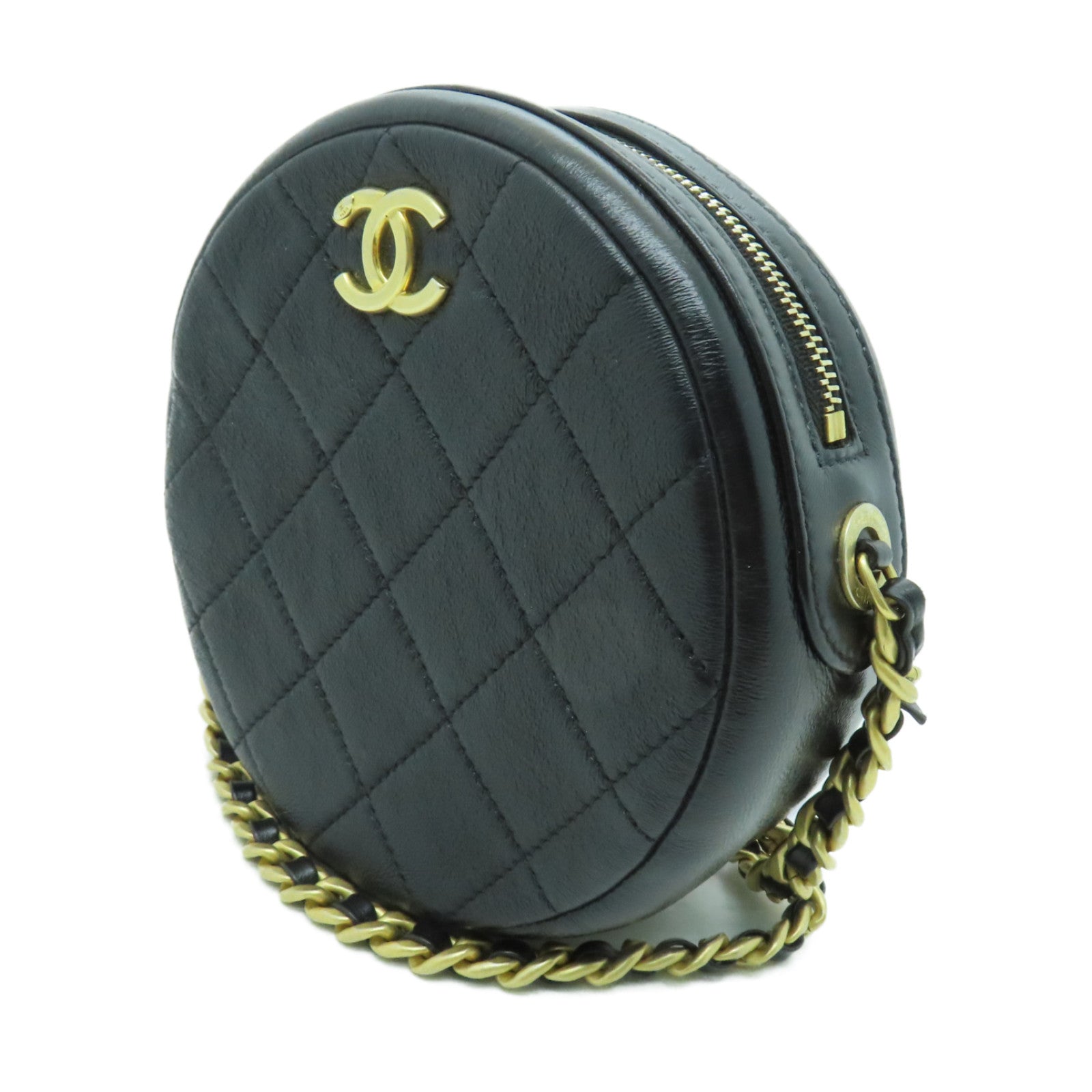 CHANEL 【激減優惠】菱格牛皮皮革Round Chain Shoulder Bag金扣鏈帶肩背袋黒色