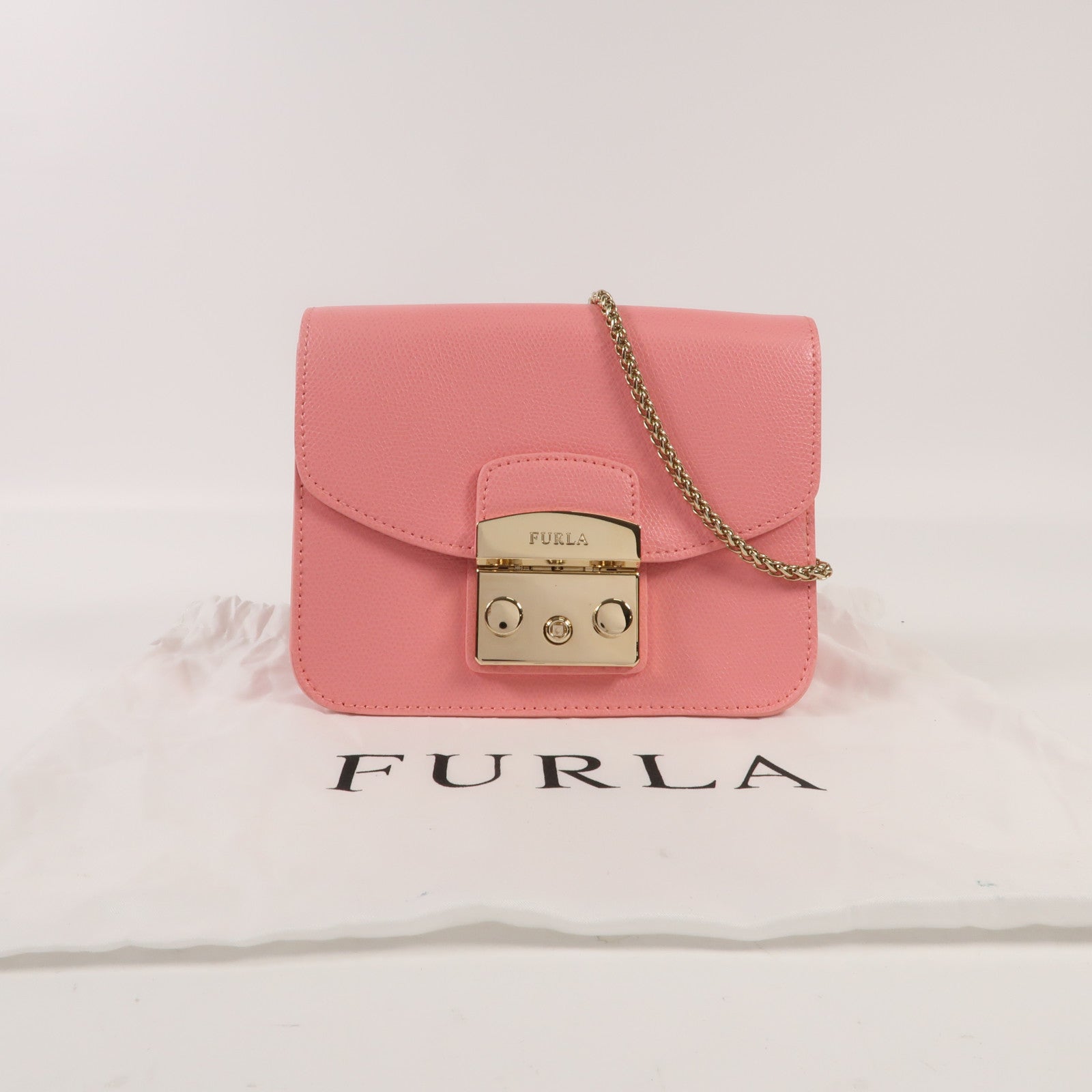 Furla 牛皮皮革Chain Shoulder金扣鏈帶肩背袋