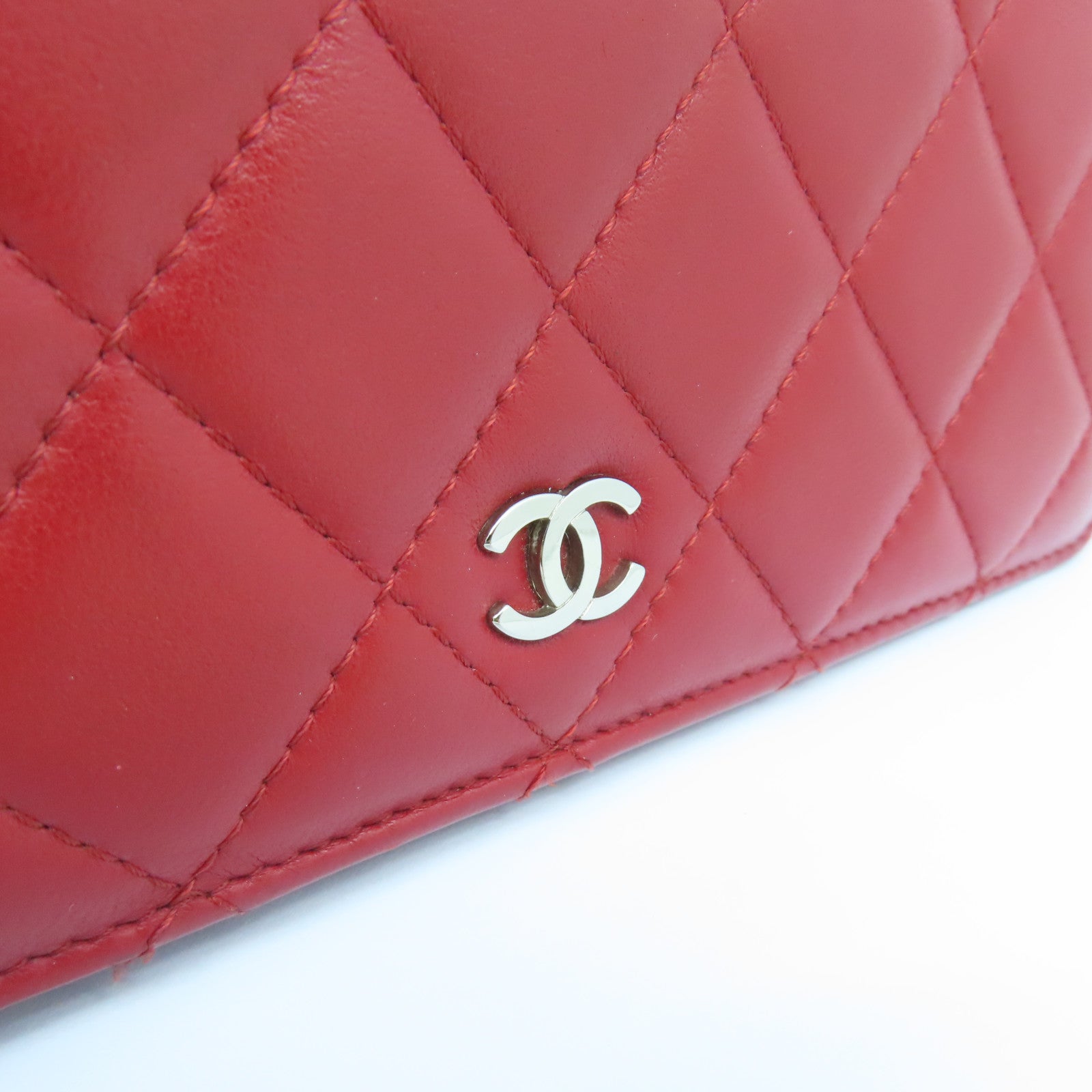 CHANEL 【激減優惠】菱格羊皮皮革Long Wallet銀扣長錢包紅色