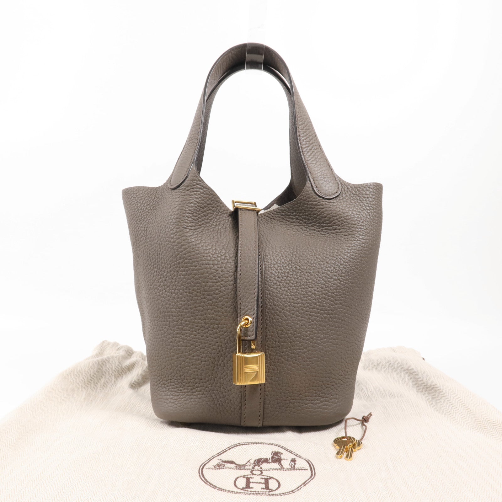 HERMES Clemence皮革Picotin PM金扣手挽袋Etain