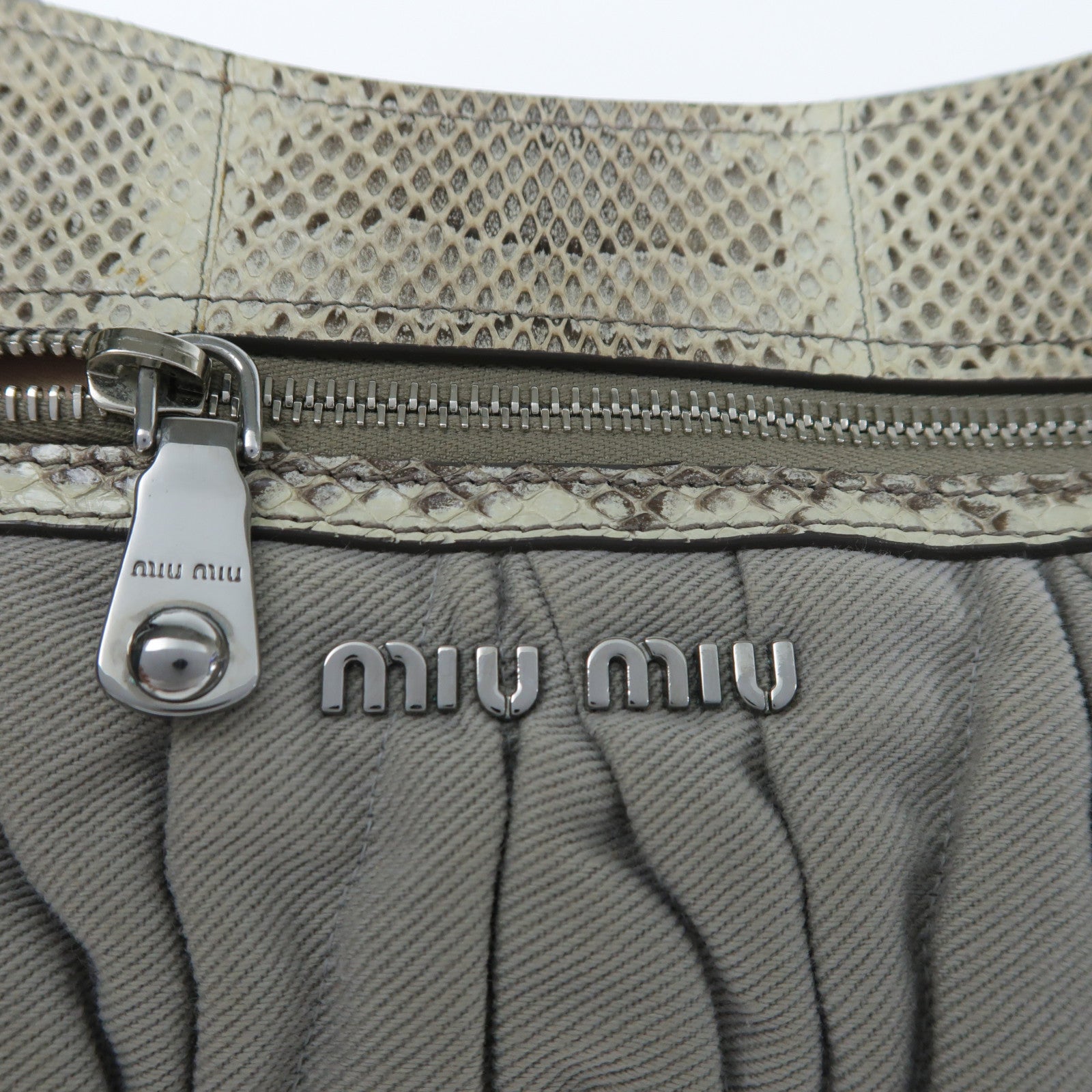 Miu Miu 【激減優惠】帆布/蛇皮皮革Shoulder Bag銀扣肩背袋
